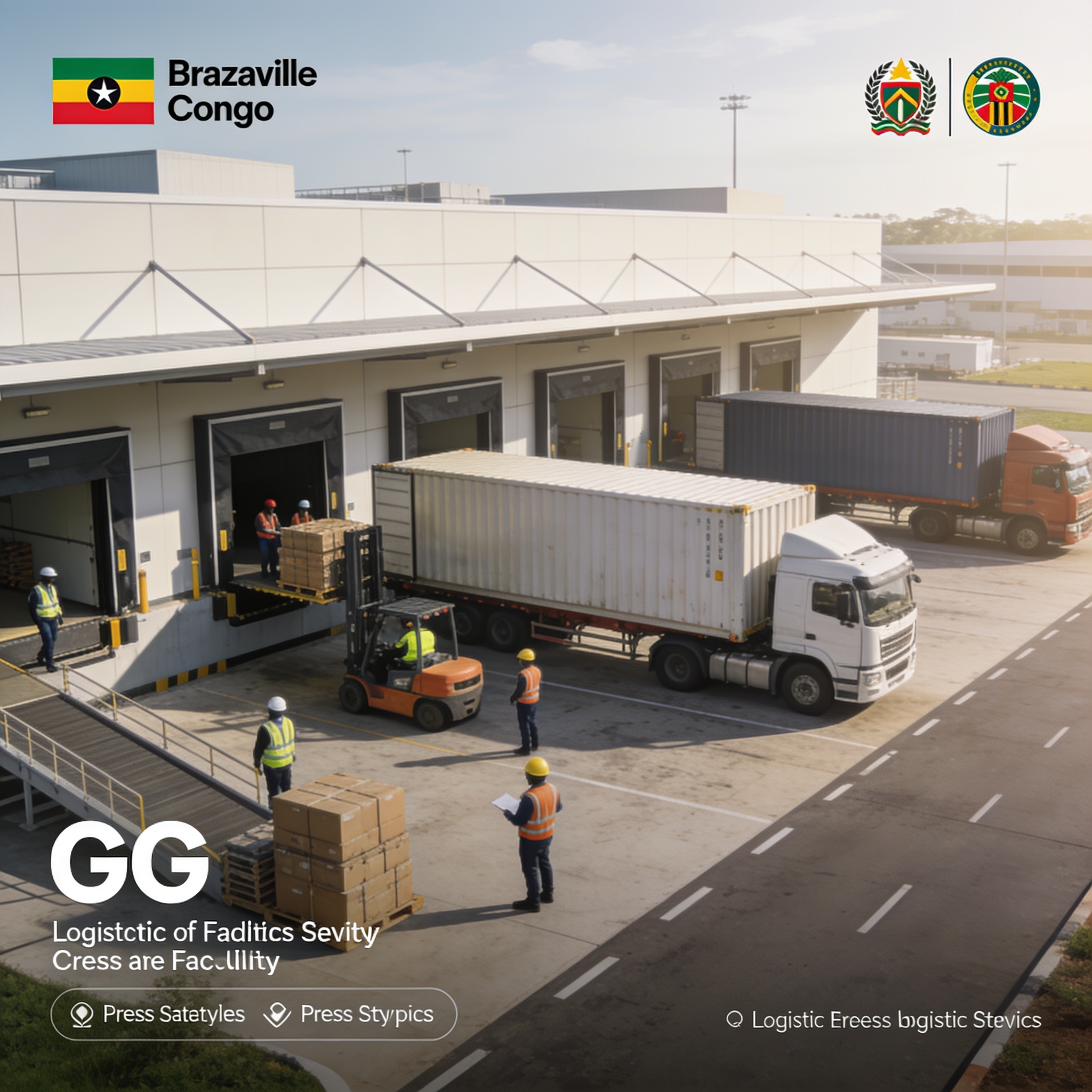 Create an editorial news illustration for an article about 'AGL Congo ouvre ses portes aux futurs professionnels de la logistique'. The specific country is Republique du Congo (Brazzaville) (CG); make visual cues accurate to this exact country and av