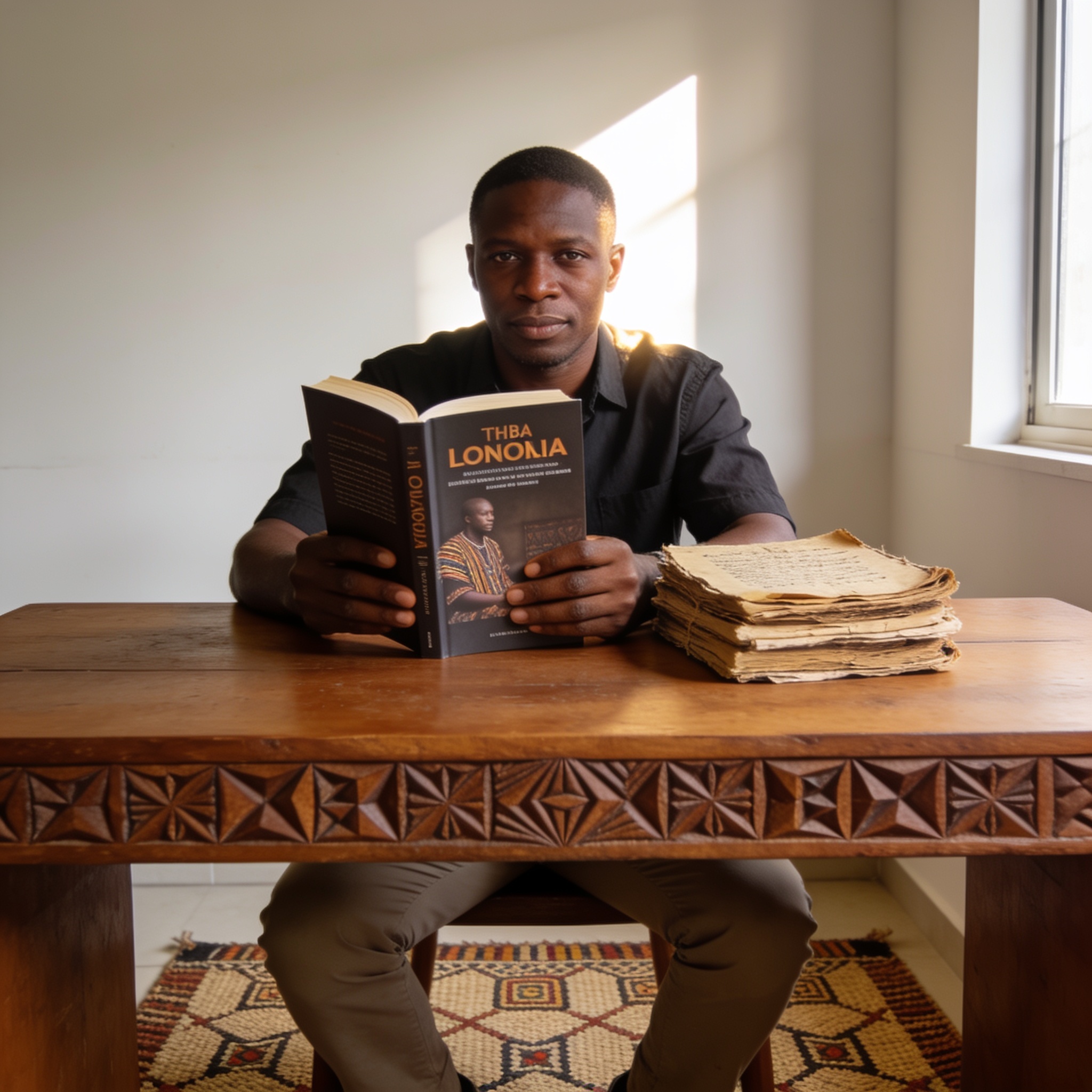 Create an editorial news illustration for an article about 'André Yaba perpétue la sagesse ancestrale des Bandzèbi dans un nouveau livre'. The specific country is Republique du Congo (Brazzaville) (CG); make visual cues accurate to this exact country