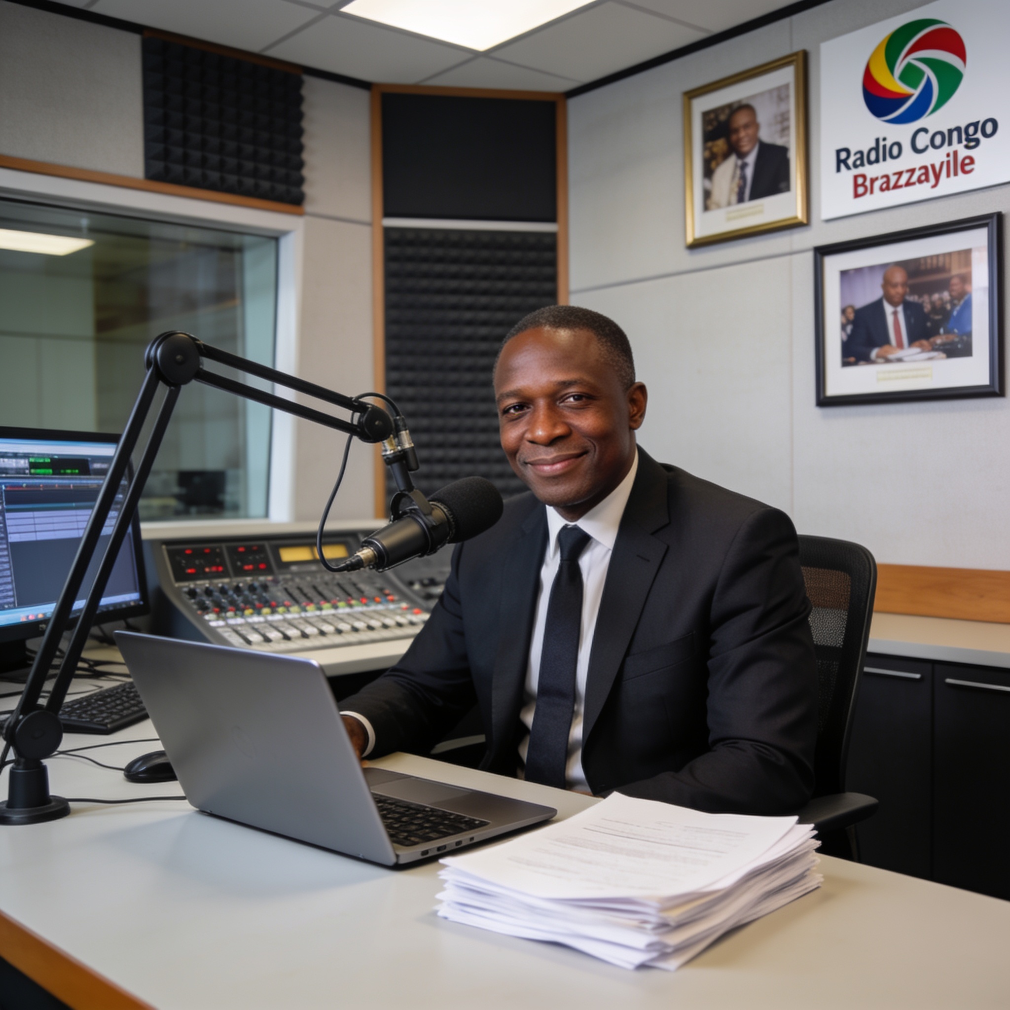 Create an editorial news illustration for an article about 'André Yabi Yabi, l’emblématique voix de Radio Congo, tire sa révérence'. The specific country is Republique du Congo (Brazzaville) (CG); make visual cues accurate to this exact country and a