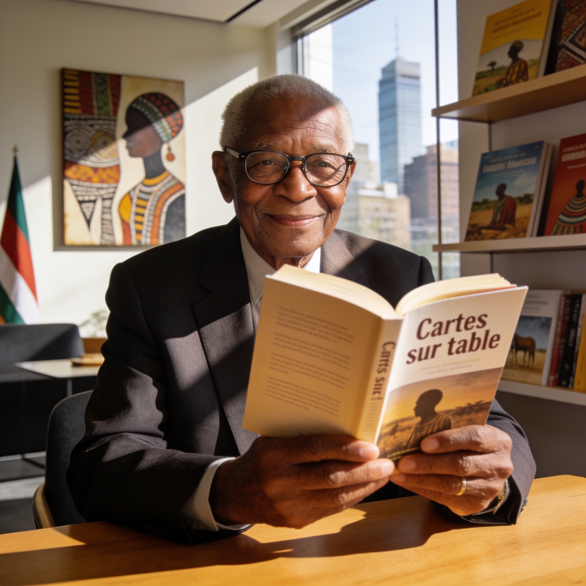 Create an editorial news illustration for an article about 'Bernard Mackiza, doyen des journalistes congolais, dévoile « Cartes sur table » à 92 ans'. The specific country is Republique du Congo (Brazzaville) (CG); make visual cues accurate to this e
