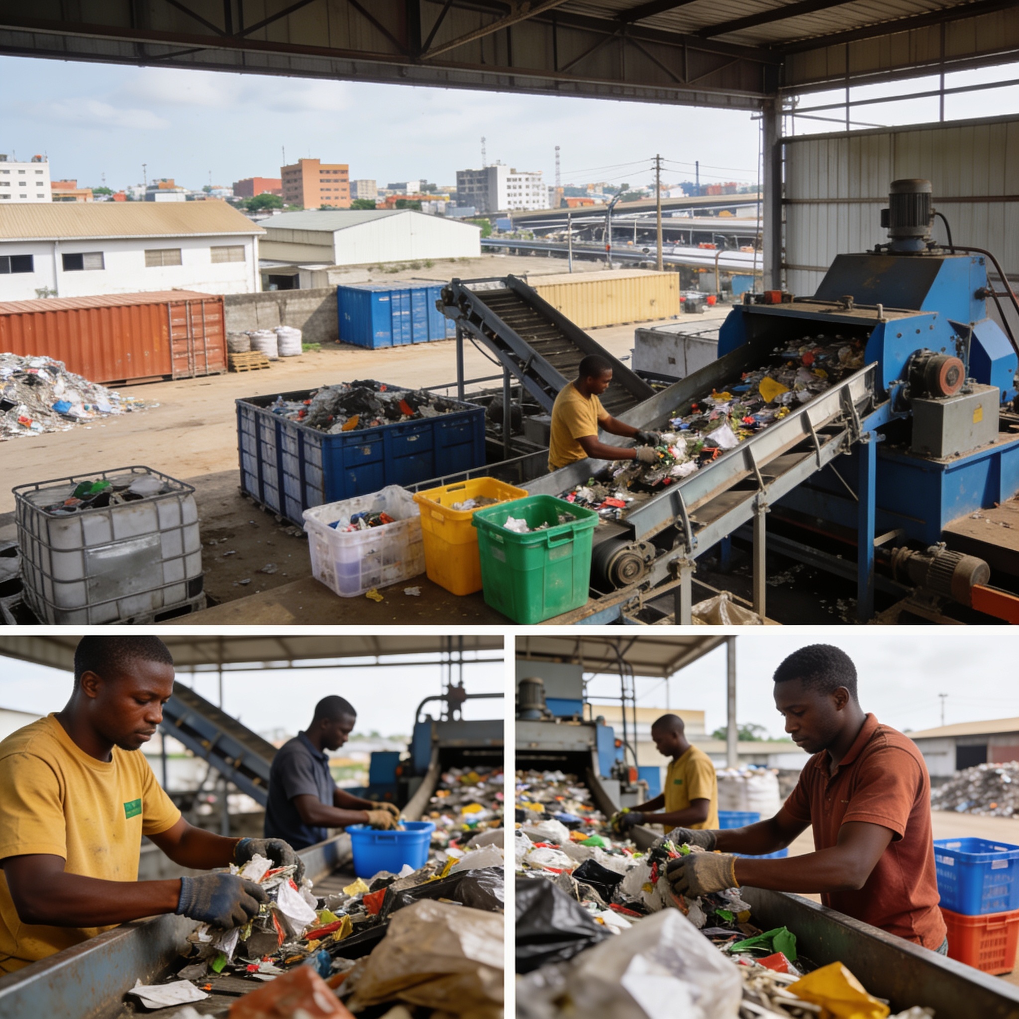 Create an editorial news illustration for an article about 'Brazzaville : Induco annonce un projet de recyclage créateur de 3000 emplois'. The specific country is Republique du Congo (Brazzaville) (CG); make visual cues accurate to this exact country