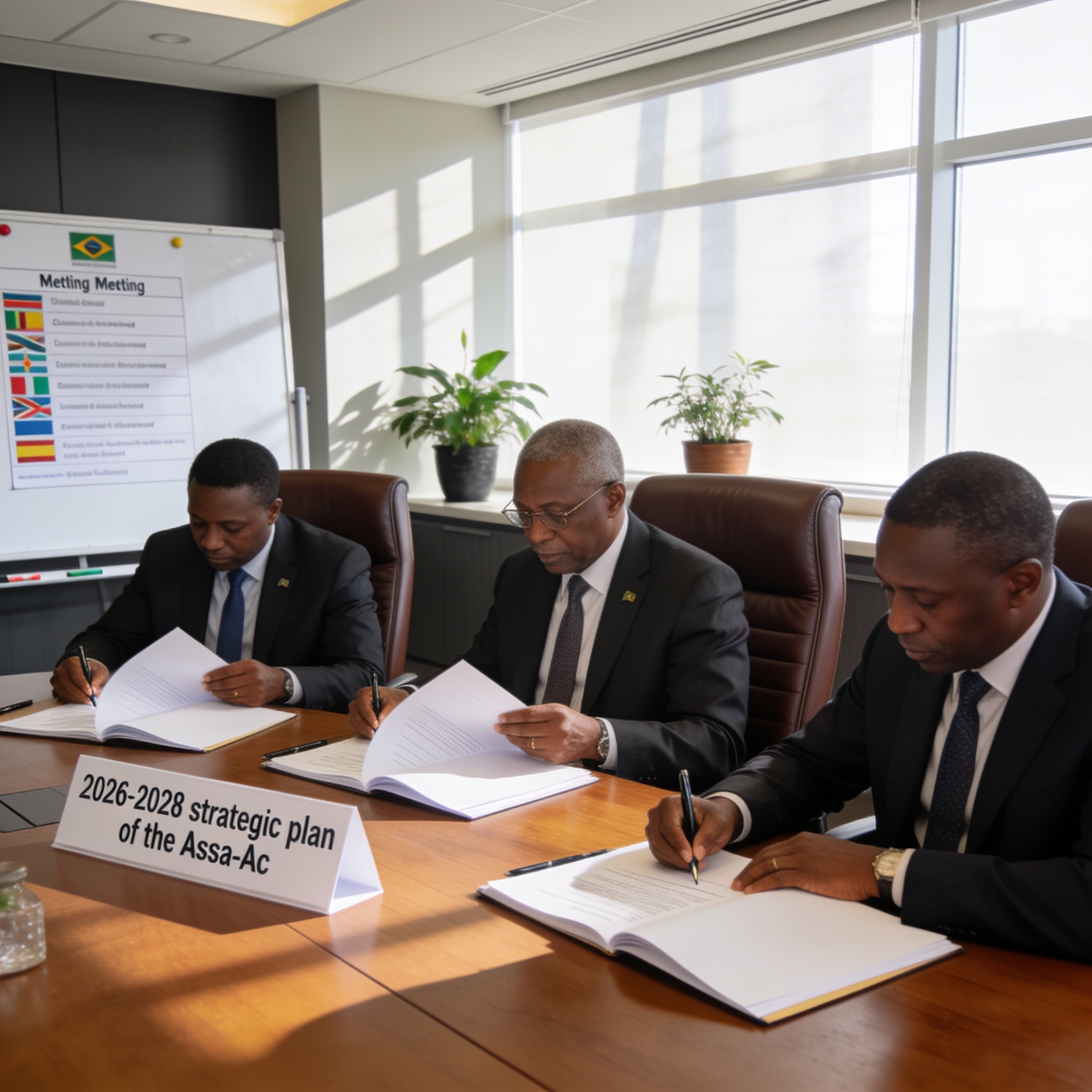 Create an editorial news illustration for an article about 'Brazzaville : les ministres de la Cémac adoptent le plan stratégique 2026-2028 de l’Assa-Ac'. The specific country is Republique du Congo (Brazzaville) (CG); make visual cues accurate to thi