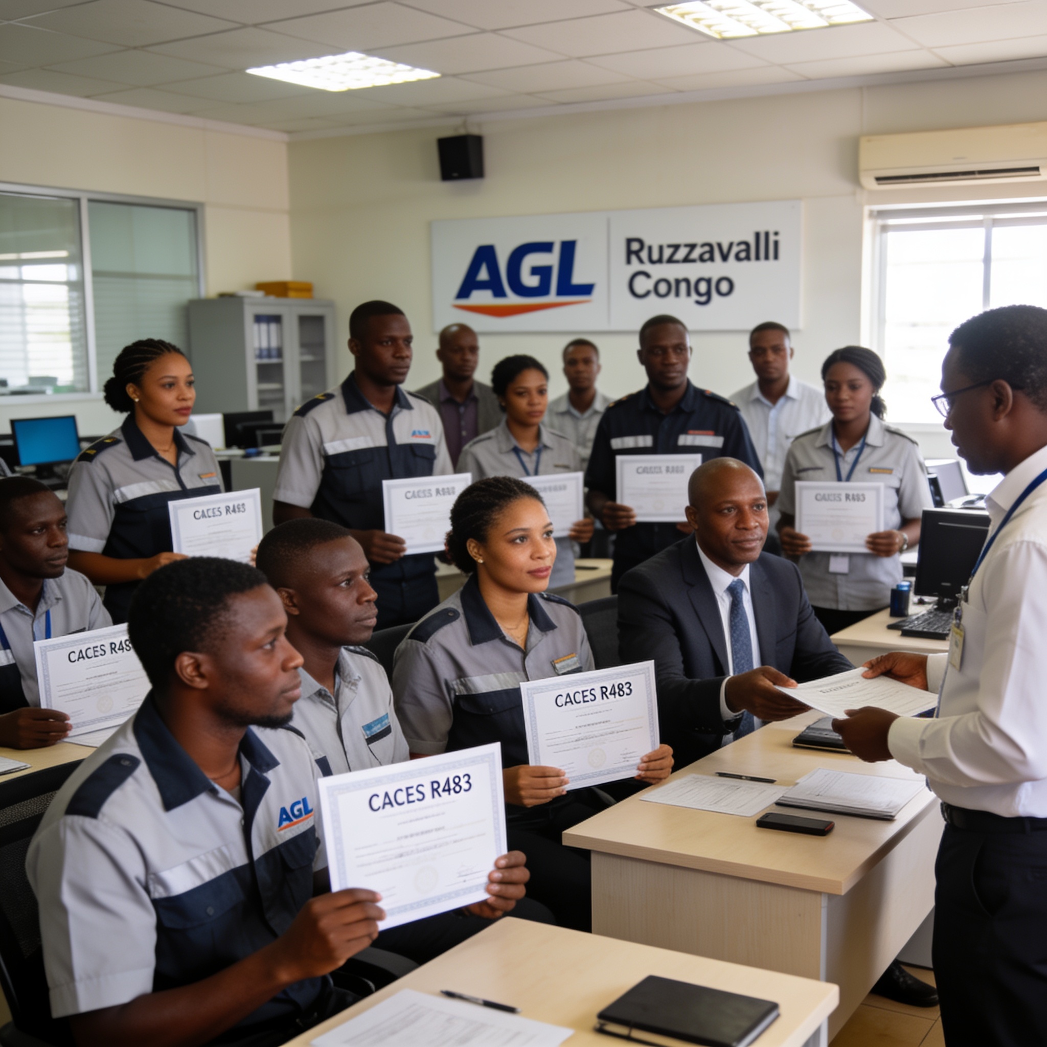 Create an editorial news illustration for an article about 'Congo : AGL certifie 25 employés au CACES R483 pour renforcer la sécurité et la performance'. The specific country is Republique du Congo (Brazzaville) (CG); make visual cues accurate to thi