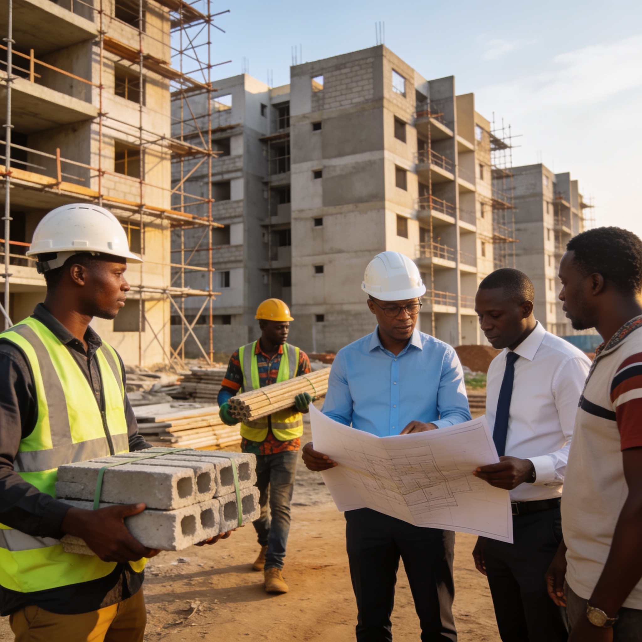 Create an editorial news illustration for an article about 'Congo : L’AFAT réclame des moyens pour booster l’aménagement foncier et le logement social'. The specific country is Republique du Congo (Brazzaville) (CG); make visual cues accurate to this