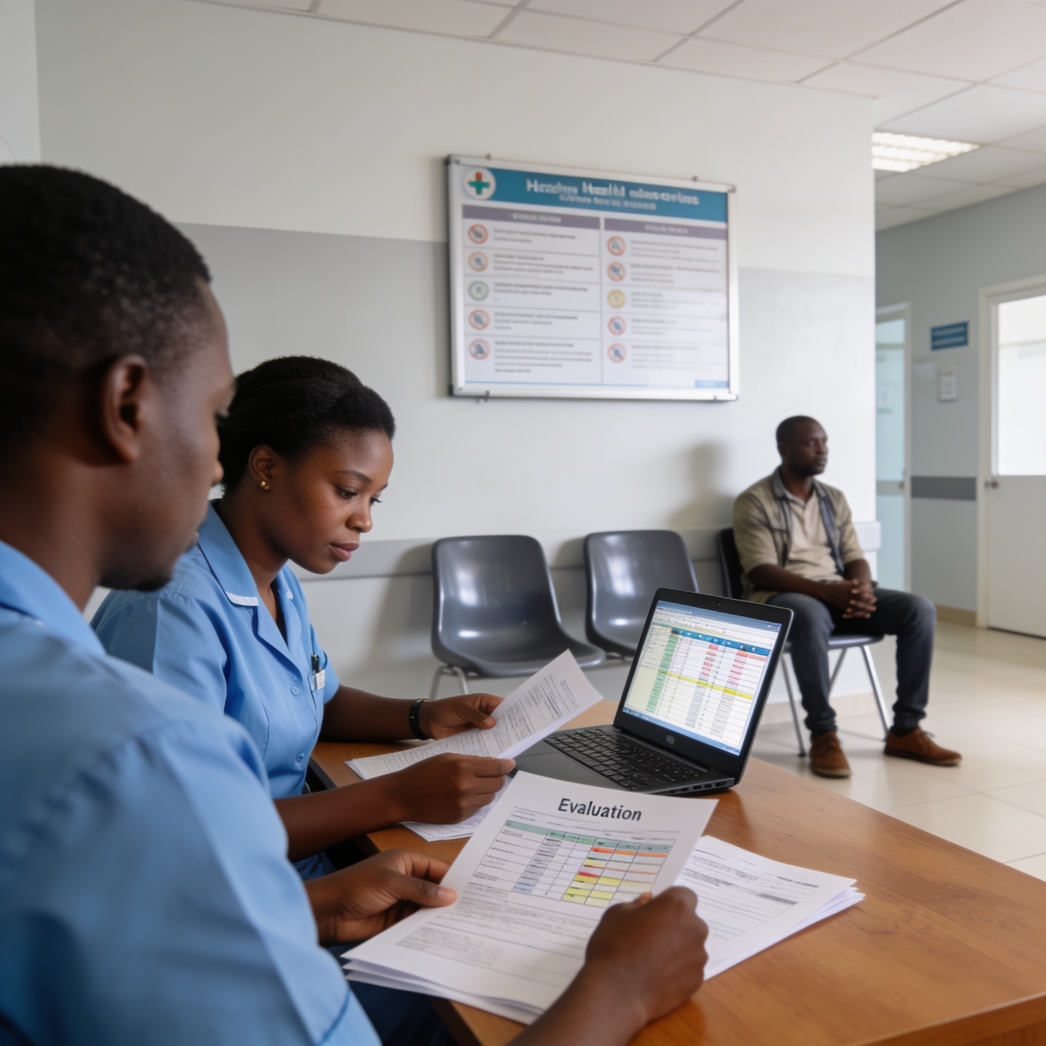 Create an editorial news illustration for an article about 'Congo : Validation du rapport d’évaluation des établissements de santé 2023-2024'. The specific country is Republique du Congo (Brazzaville) (CG); make visual cues accurate to this exact cou