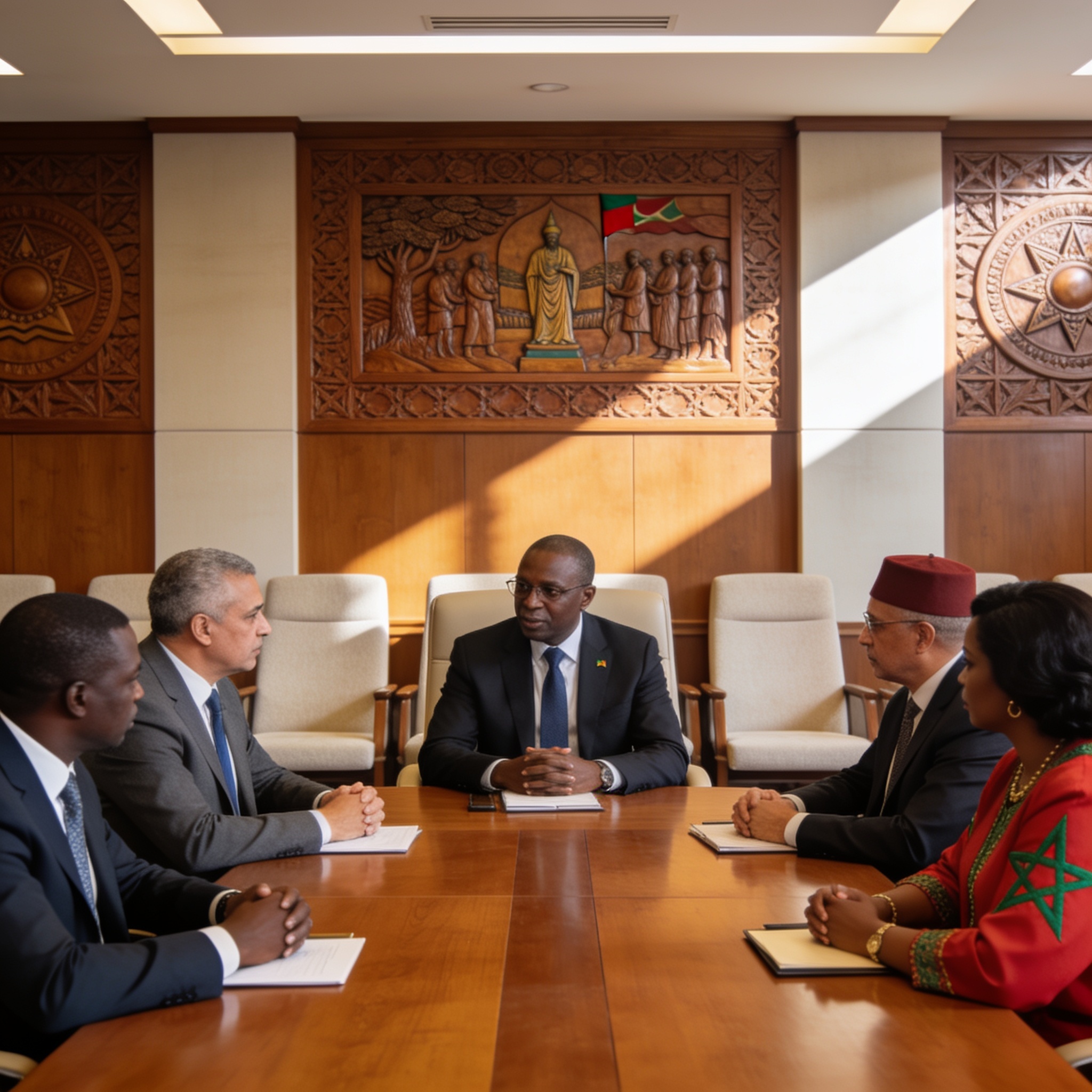 Create an editorial news illustration for an article about 'Coopération parlementaire : le Congo et le Maroc renforcent leurs liens au Sénat'. The specific country is Republique du Congo (Brazzaville) (CG); make visual cues accurate to this exact cou