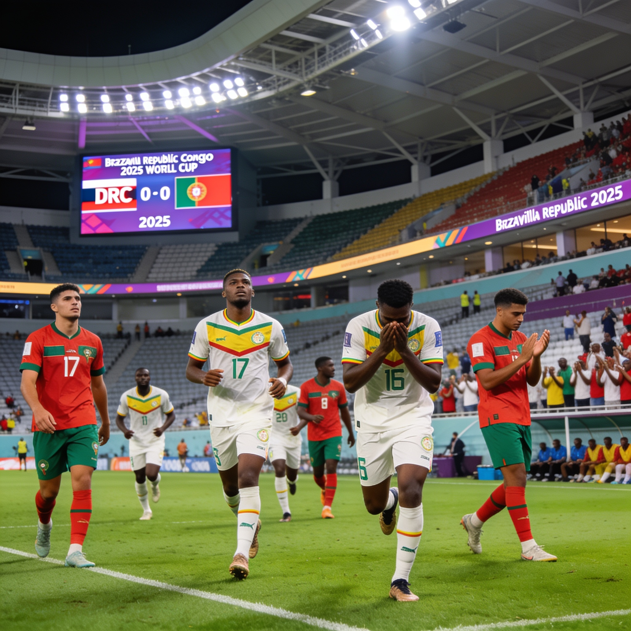 Create an editorial news illustration for an article about 'Coupe du monde 2026 : la RDC crée la sensation avec un nul historique face au Portugal'. The specific country is Republique du Congo (Brazzaville) (CG); make visual cues accurate to this exa