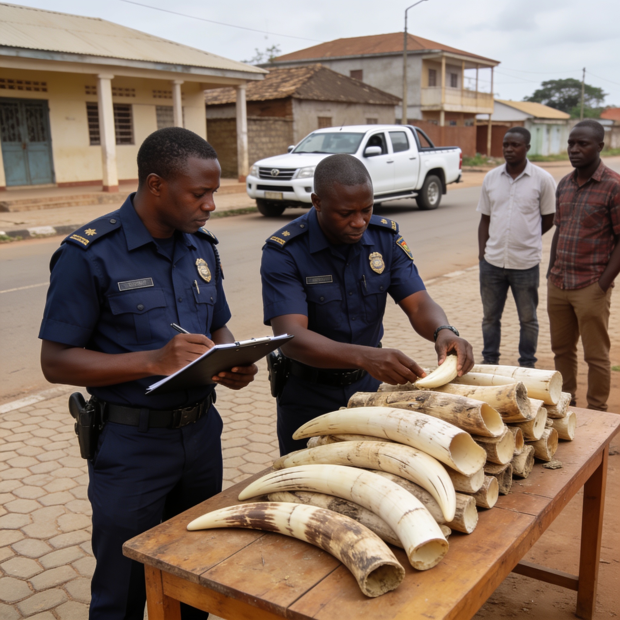 Create an editorial news illustration for an article about 'Criminalité faunique : le Congo évalue ses capacités de lutte'. The specific country is Republique du Congo (Brazzaville) (CG); make visual cues accurate to this exact country and avoid flag