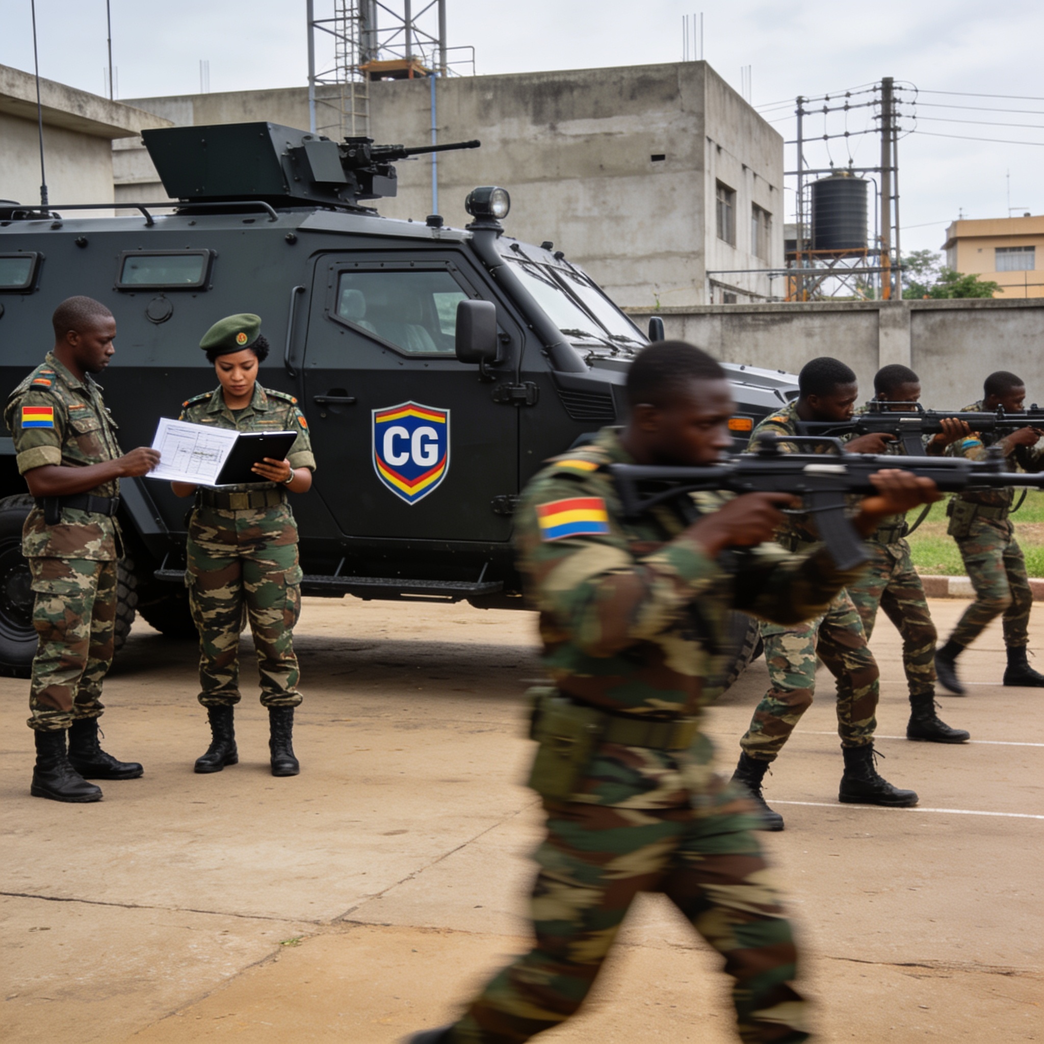 Create an editorial news illustration for an article about 'Défense : le Congo déterminé à moderniser ses forces armées'. The specific country is Republique du Congo (Brazzaville) (CG); make visual cues accurate to this exact country and avoid flags