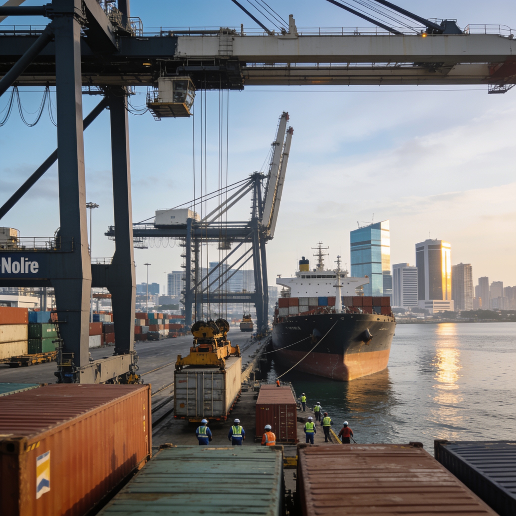 Create an editorial news illustration for an article about 'Détroit d’Ormuz : les ports africains face à une nouvelle donne géopolitique'. The specific country is Republique du Congo (Brazzaville) (CG); make visual cues accurate to this exact country