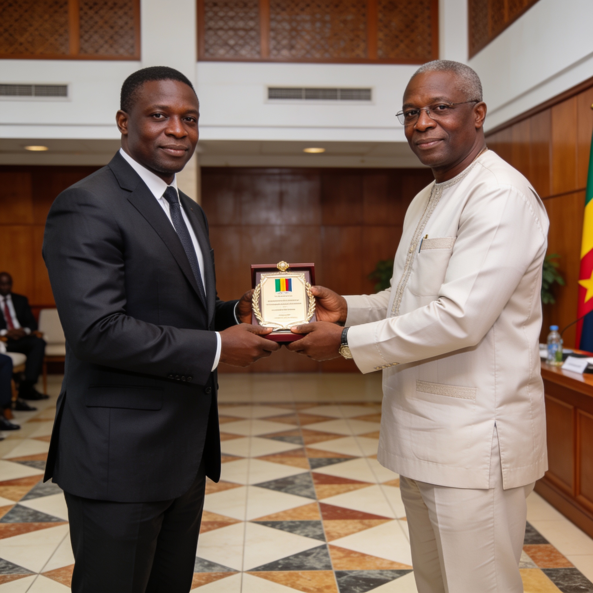 Create an editorial news illustration for an article about 'Distinction : Norbert Okiokoutina, Grand chancelier congolais, honoré par la Cémac'. The specific country is Republique du Congo (Brazzaville) (CG); make visual cues accurate to this exact c