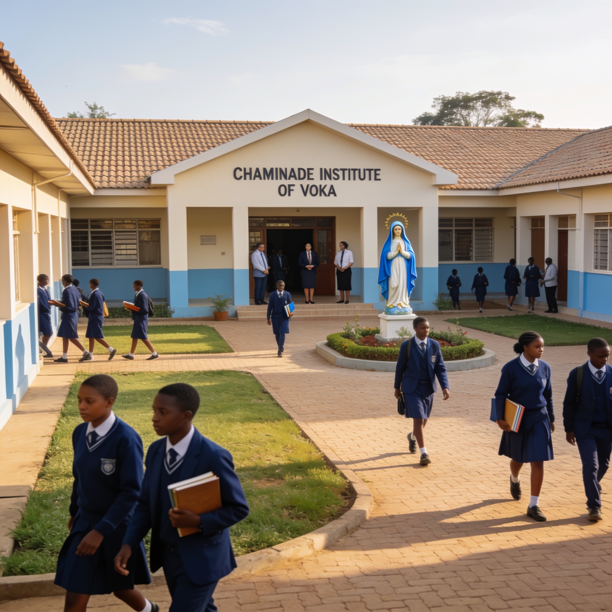 Create an editorial news illustration for an article about 'Éducation : l’Institut Chaminade de Voka, ancrage marianiste au service du Pool depuis 2009'. The specific country is Republique du Congo (Brazzaville) (CG); make visual cues accurate to thi