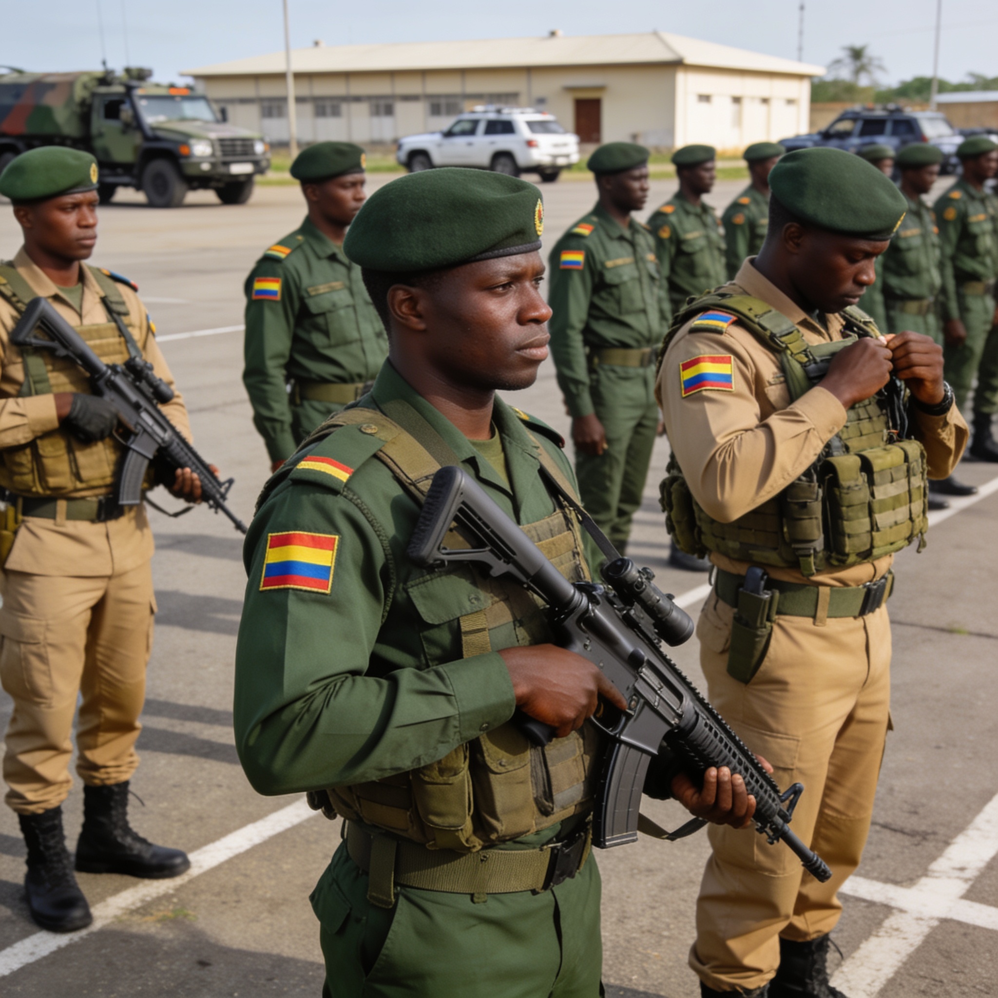 Create an editorial news illustration for an article about 'Forces armées congolaises : 65 ans d’endurance au service de la sécurité nationale'. The specific country is Republique du Congo (Brazzaville) (CG); make visual cues accurate to this exact c