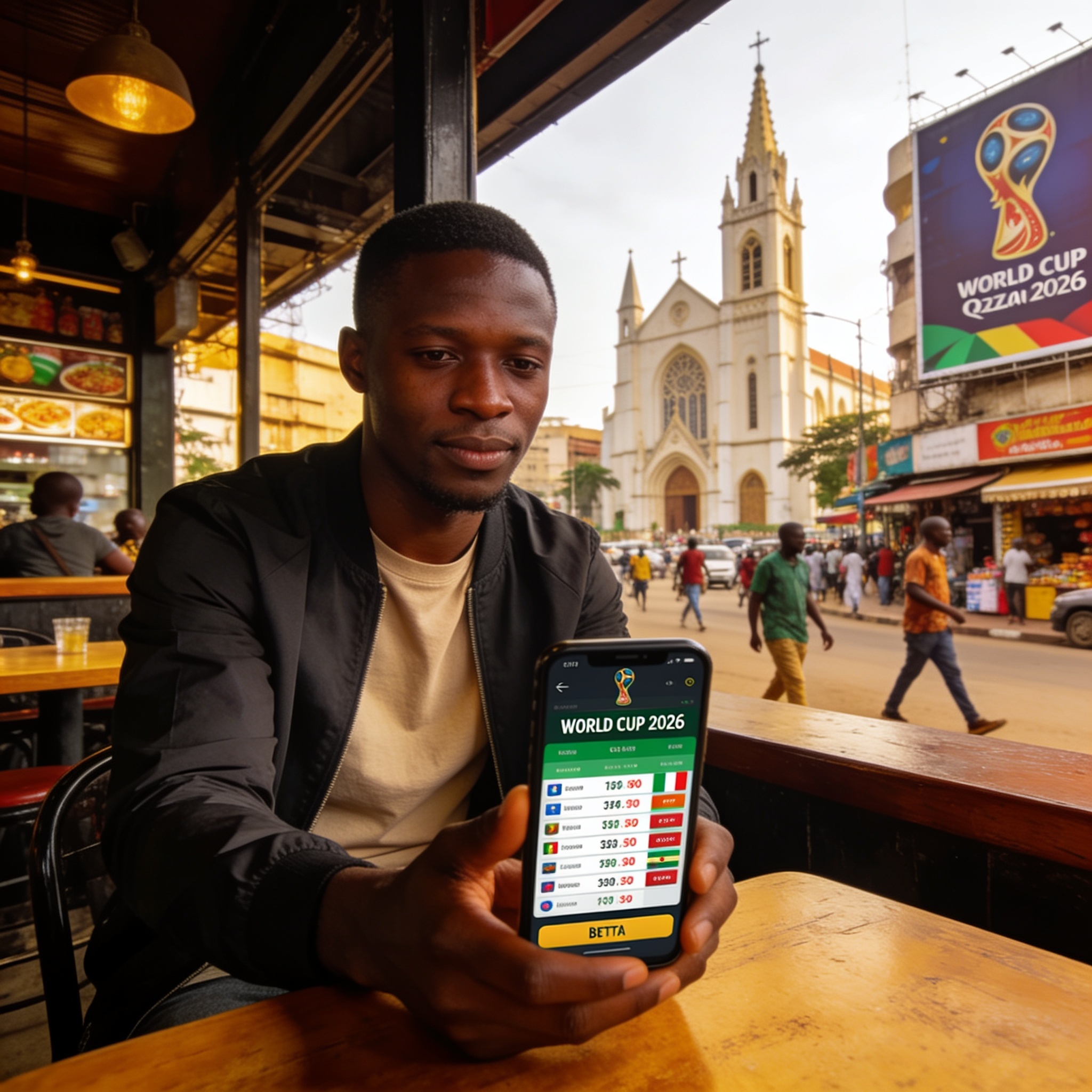 Create an editorial news illustration for an article about 'Guide 1xBet : stratégies de paris et bonus pour la Coupe du Monde 2026'. The specific country is Republique du Congo (Brazzaville) (CG); make visual cues accurate to this exact country and a
