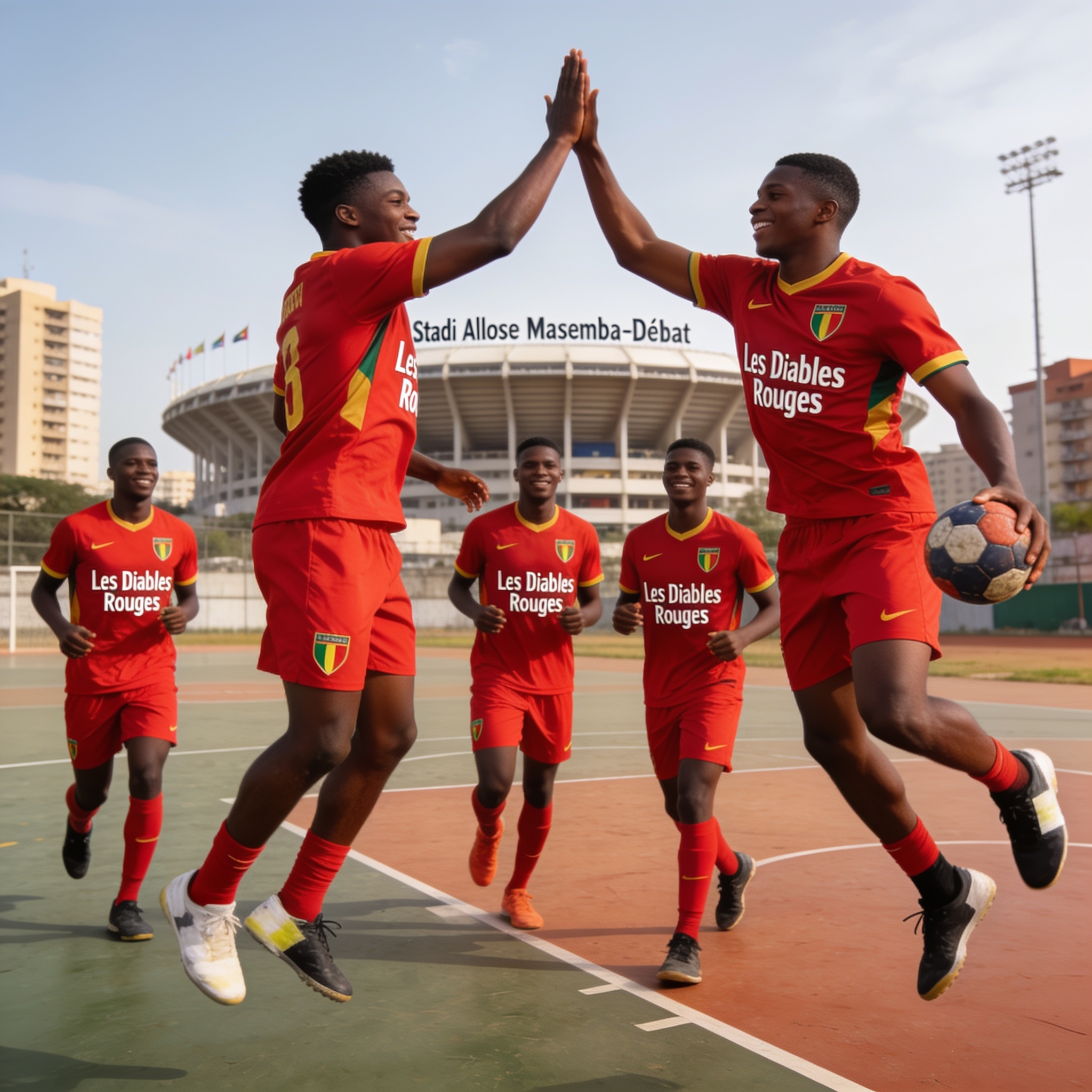 Create an editorial news illustration for an article about 'Handball/Congo : Les Diables Rouges U18 et U20 décrochent leur billet pour les Coupes d’Afrique des nations'. The specific country is Republique du Congo (Brazzaville) (CG); make visual cues