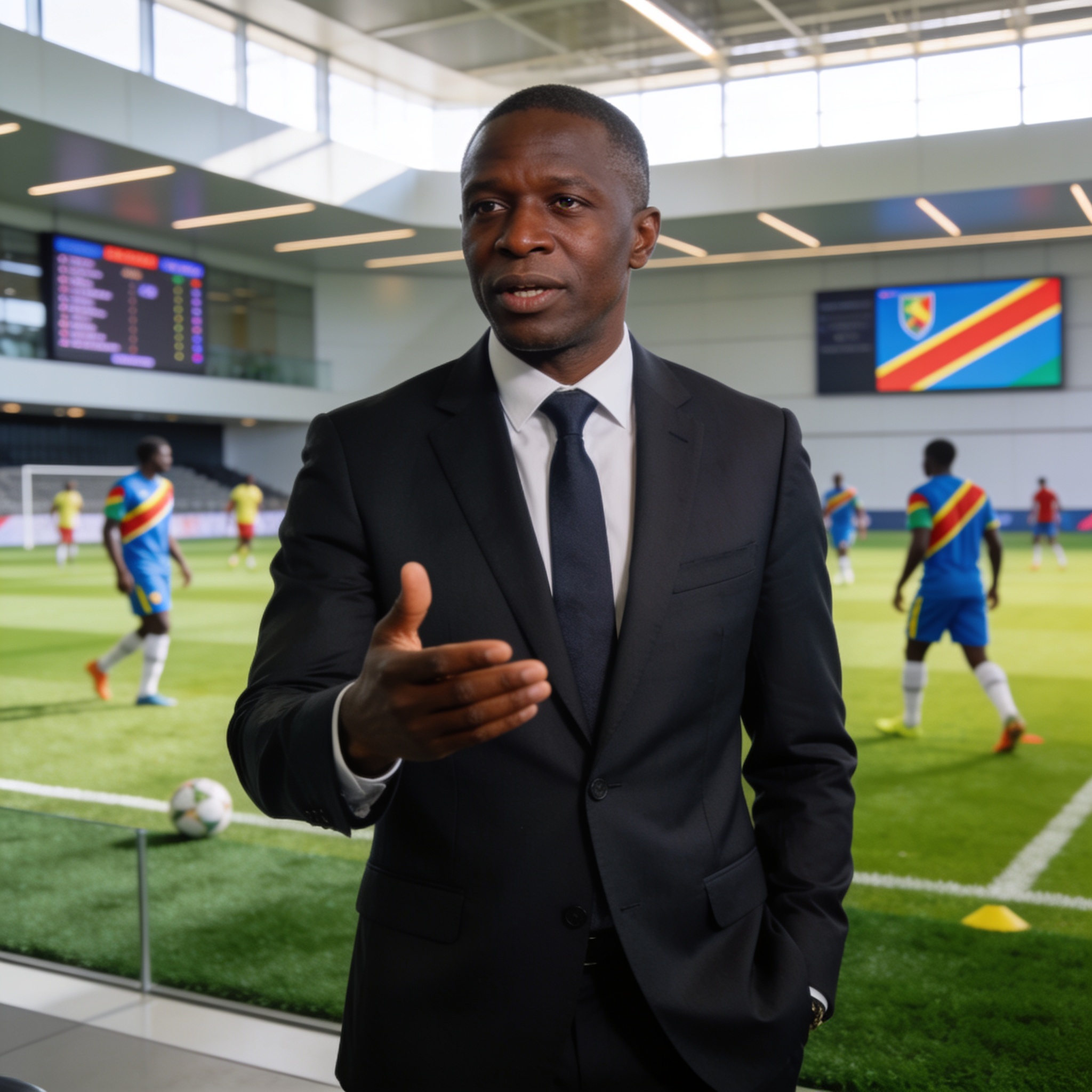 Create an editorial news illustration for an article about 'Hugues Ngouelondélé dévoile les cinq défis du sport congolais'. The specific country is Republique du Congo (Brazzaville) (CG); make visual cues accurate to this exact country and avoid flag
