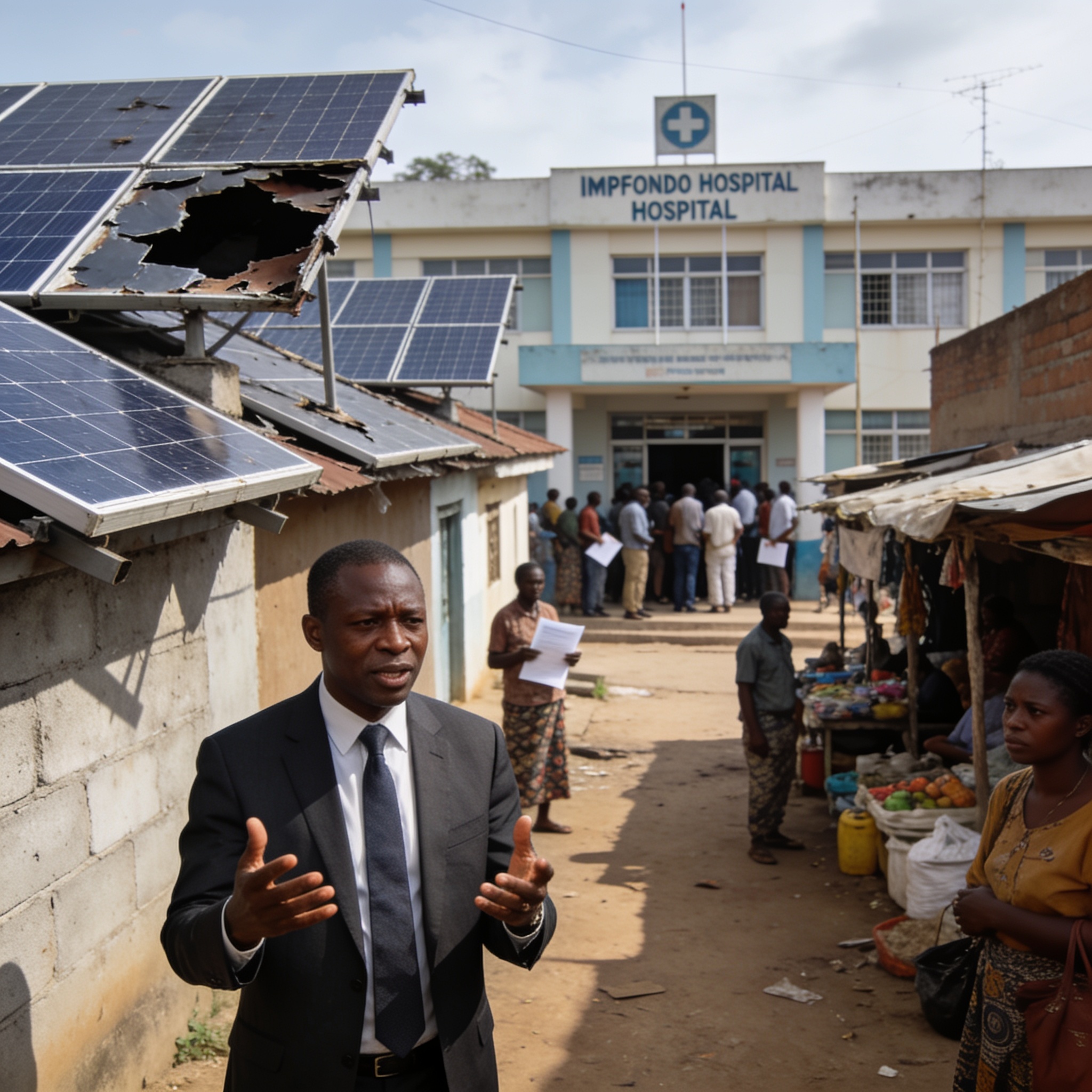 Create an editorial news illustration for an article about 'Impfondo : le préfet Koumba condamne les vols de panneaux solaires et alerte sur la crise sanitaire et économique'. The specific country is Republique du Congo (Brazzaville) (CG); make visua