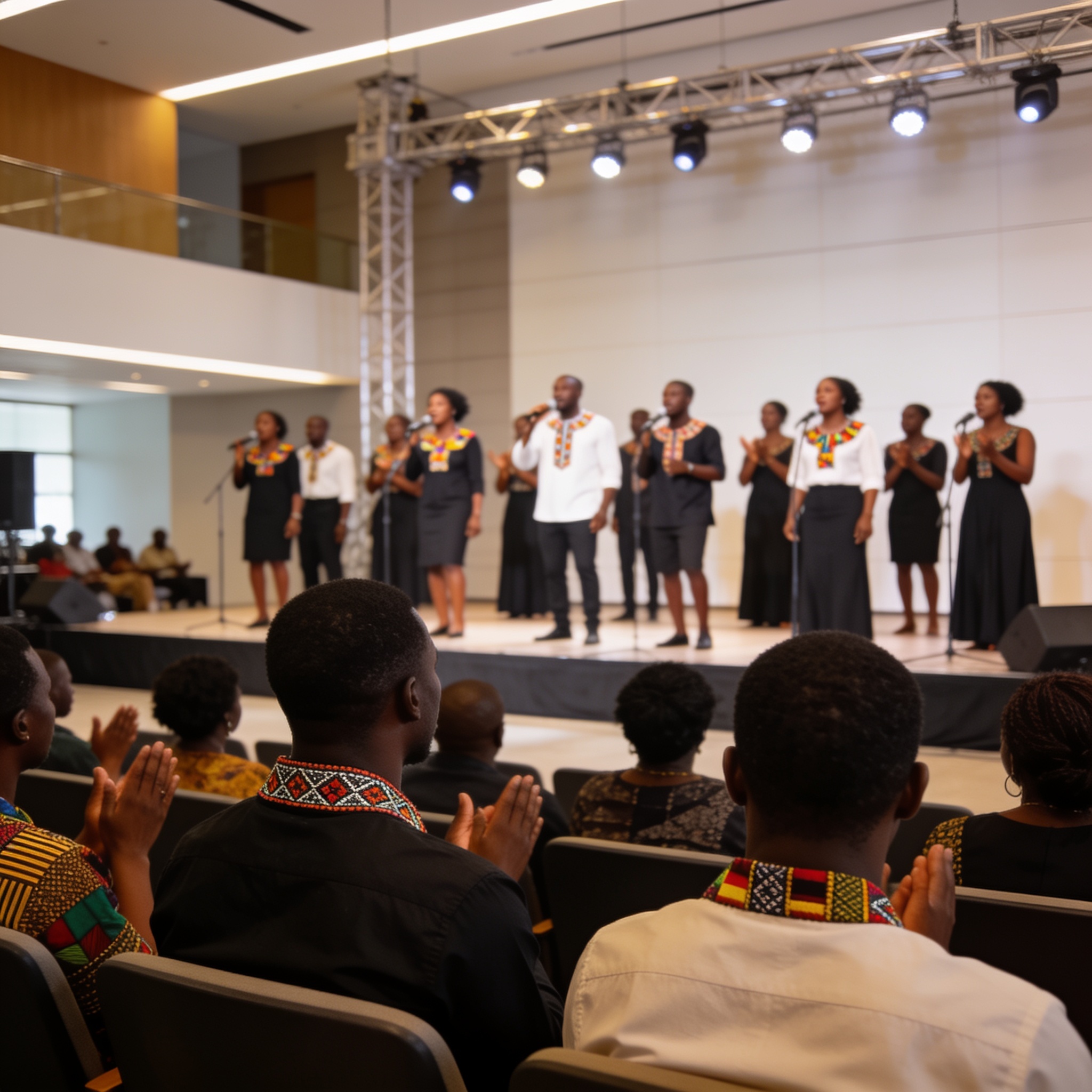 Create an editorial news illustration for an article about 'Lancement imminent de la 8e édition du concours des chorales « Le Congo a du chœur » à Brazzaville'. The specific country is Republique du Congo (Brazzaville) (CG); make visual cues accurate
