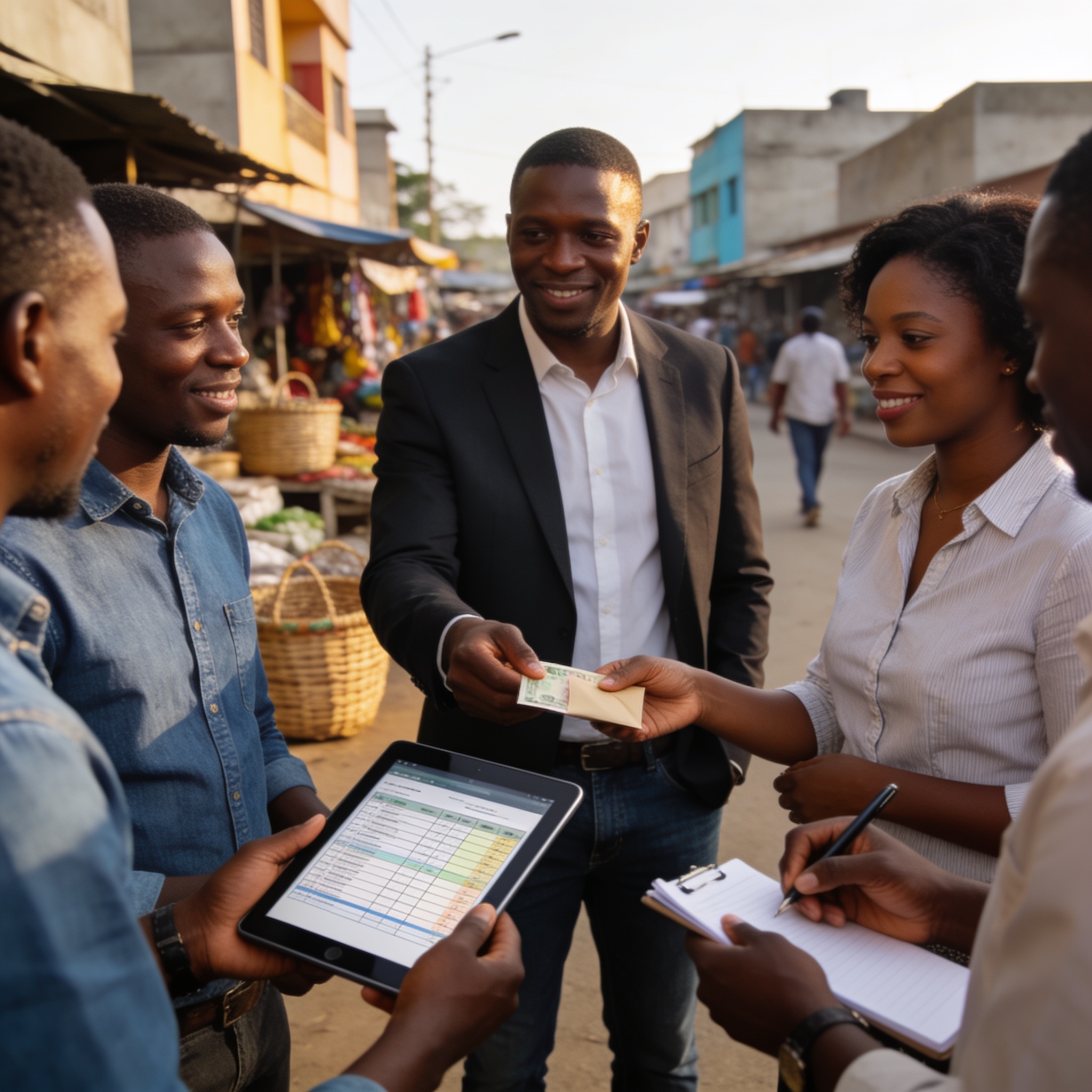 Create an editorial news illustration for an article about 'Micro-crédit Bokisa Boko : quand la diaspora congolaise propulse l’entrepreneuriat local'. The specific country is Republique du Congo (Brazzaville) (CG); make visual cues accurate to this e