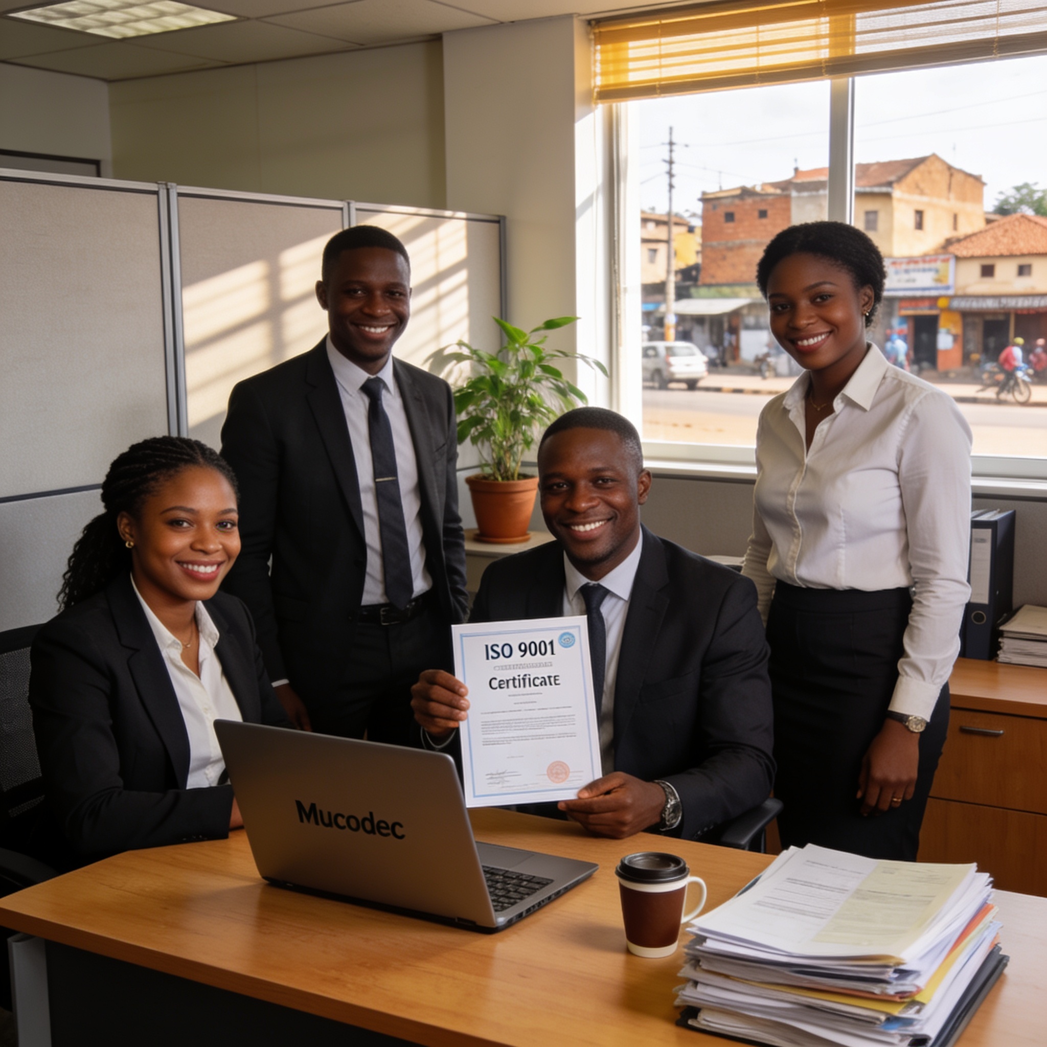 Create an editorial news illustration for an article about 'Microfinance au Congo : les Mucodec décrochent la certification ISO 9001'. The specific country is Republique du Congo (Brazzaville) (CG); make visual cues accurate to this exact country and