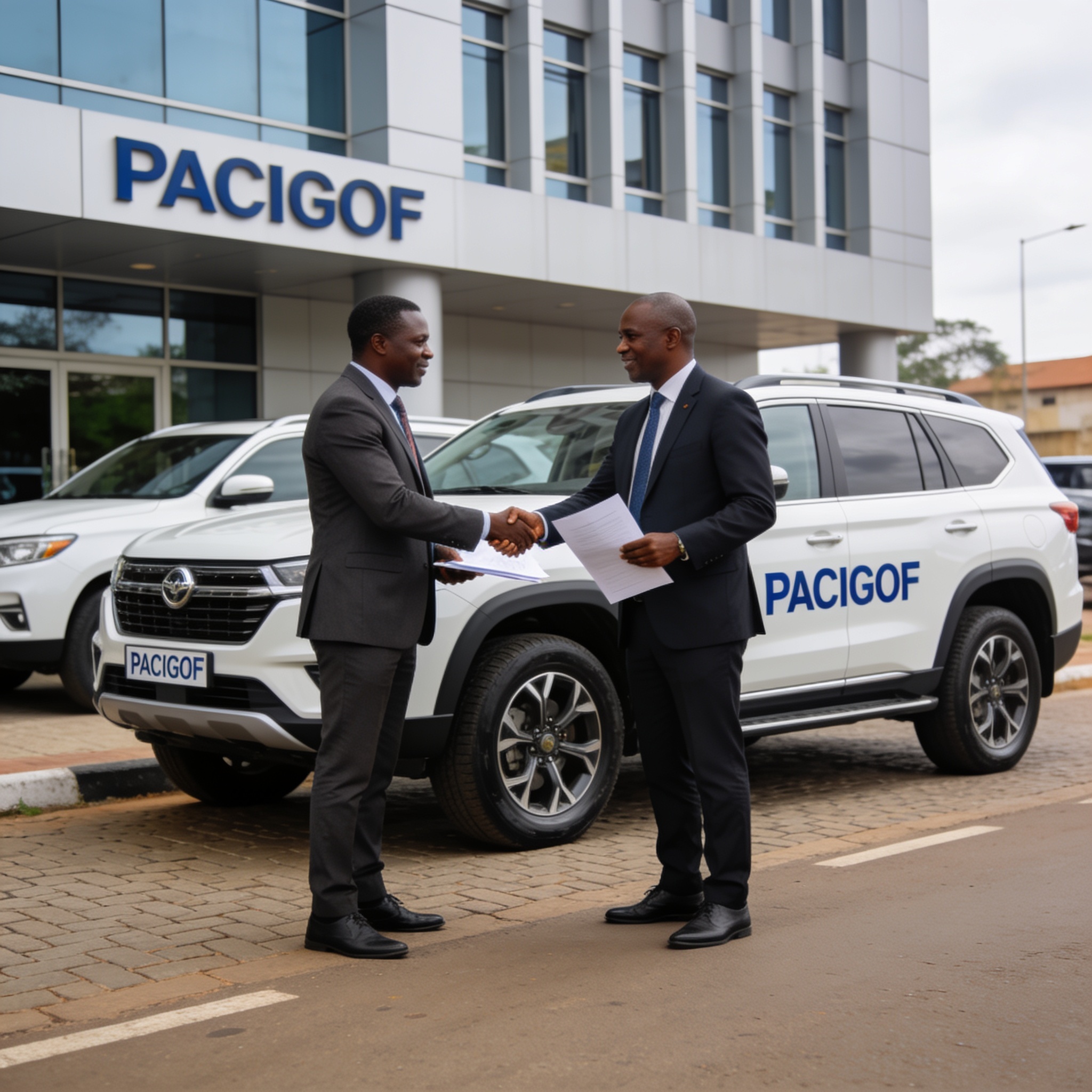 Create an editorial news illustration for an article about 'PACIGOF offre des véhicules au ministère des PME pour renforcer l’entrepreneuriat congolais'. The specific country is Republique du Congo (Brazzaville) (CG); make visual cues accurate to thi