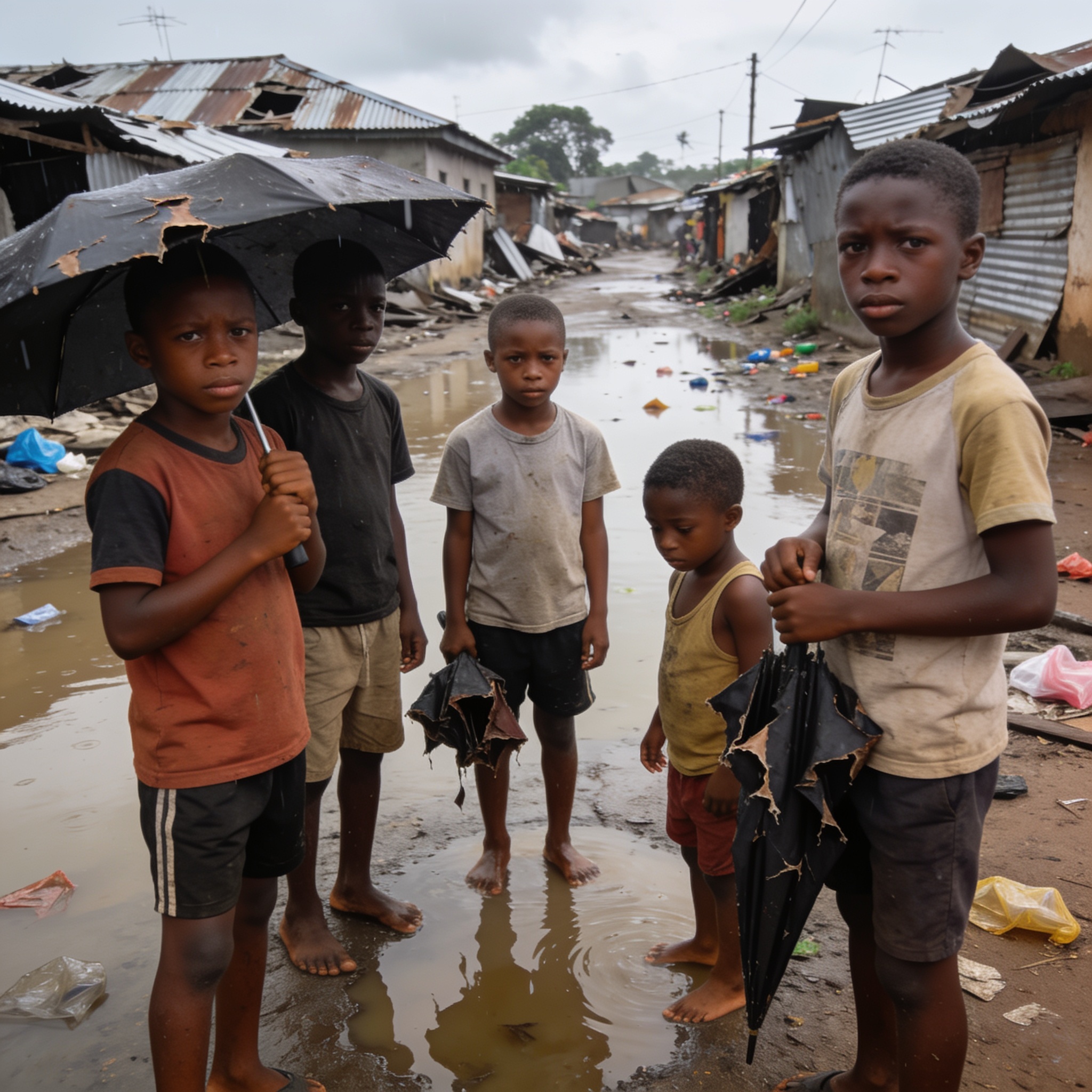 Create an editorial news illustration for an article about 'Plus d’un milliard d’enfants exposés aux risques climatiques : le Congo face à l’urgence'. The specific country is Republique du Congo (Brazzaville) (CG); make visual cues accurate to this e