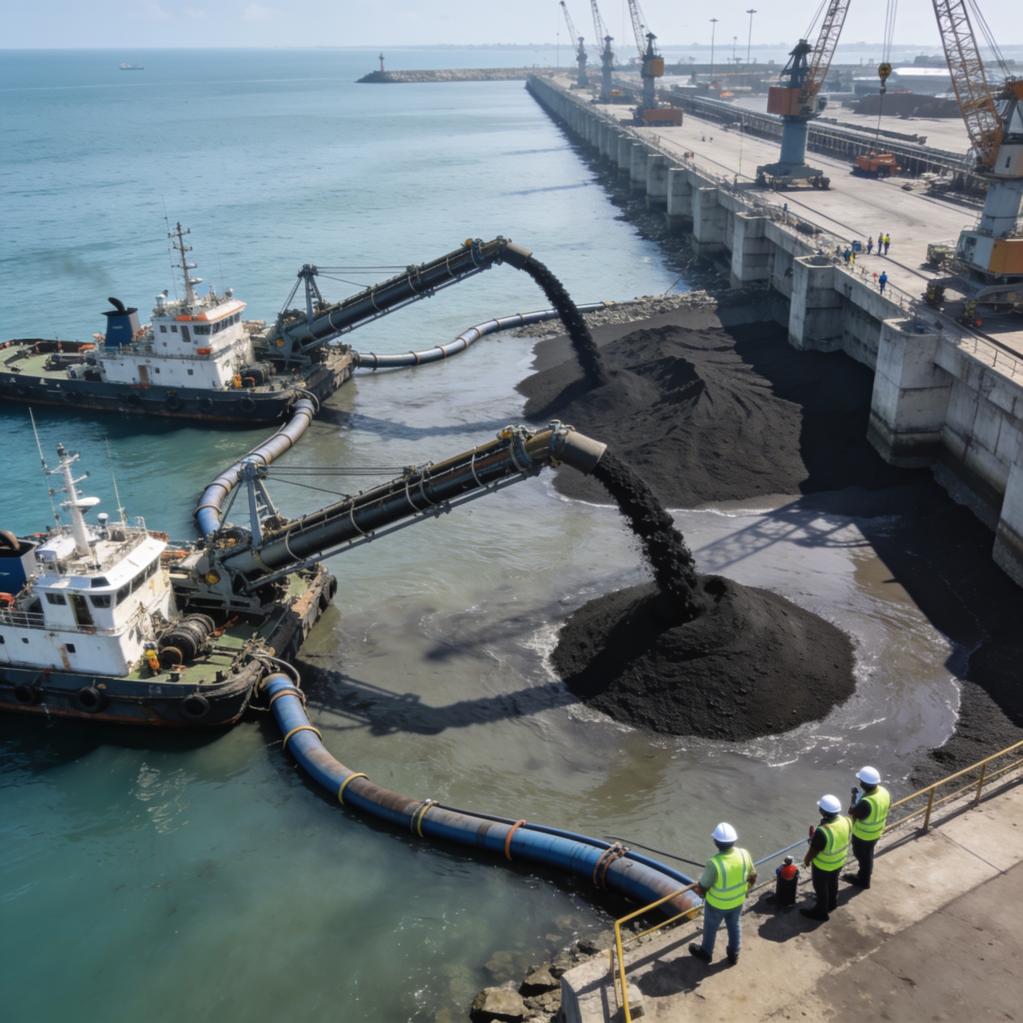 Create an editorial news illustration for an article about 'Pointe-Noire : Congo Terminal innove dans le dragage des sables bitumineux pour l’extension du Môle Est'. The specific country is Republique du Congo (Brazzaville) (CG); make visual cues acc