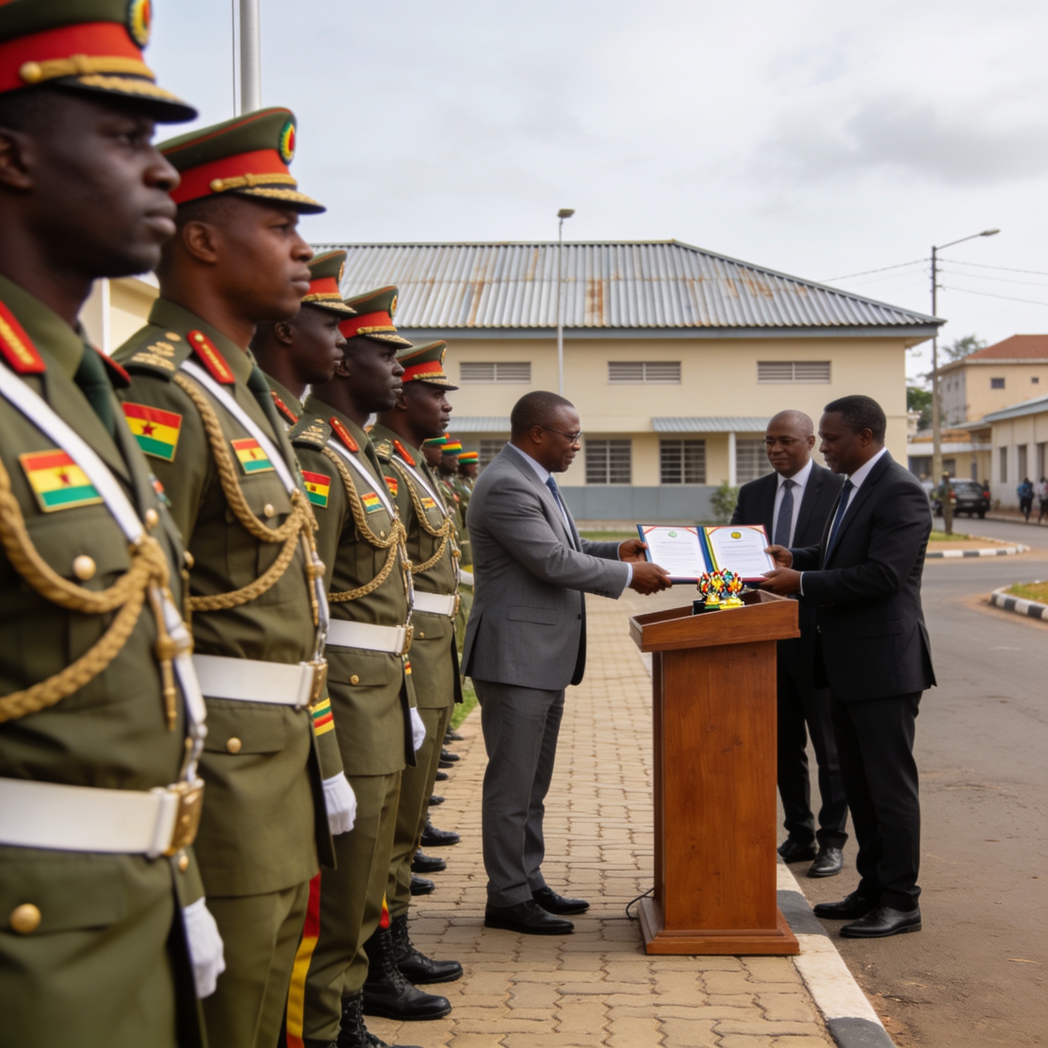 Create an editorial news illustration for an article about 'Pointe-Noire : passation de pouvoir à la Zone militaire de défense n°1'. The specific country is Republique du Congo (Brazzaville) (CG); make visual cues accurate to this exact country and a