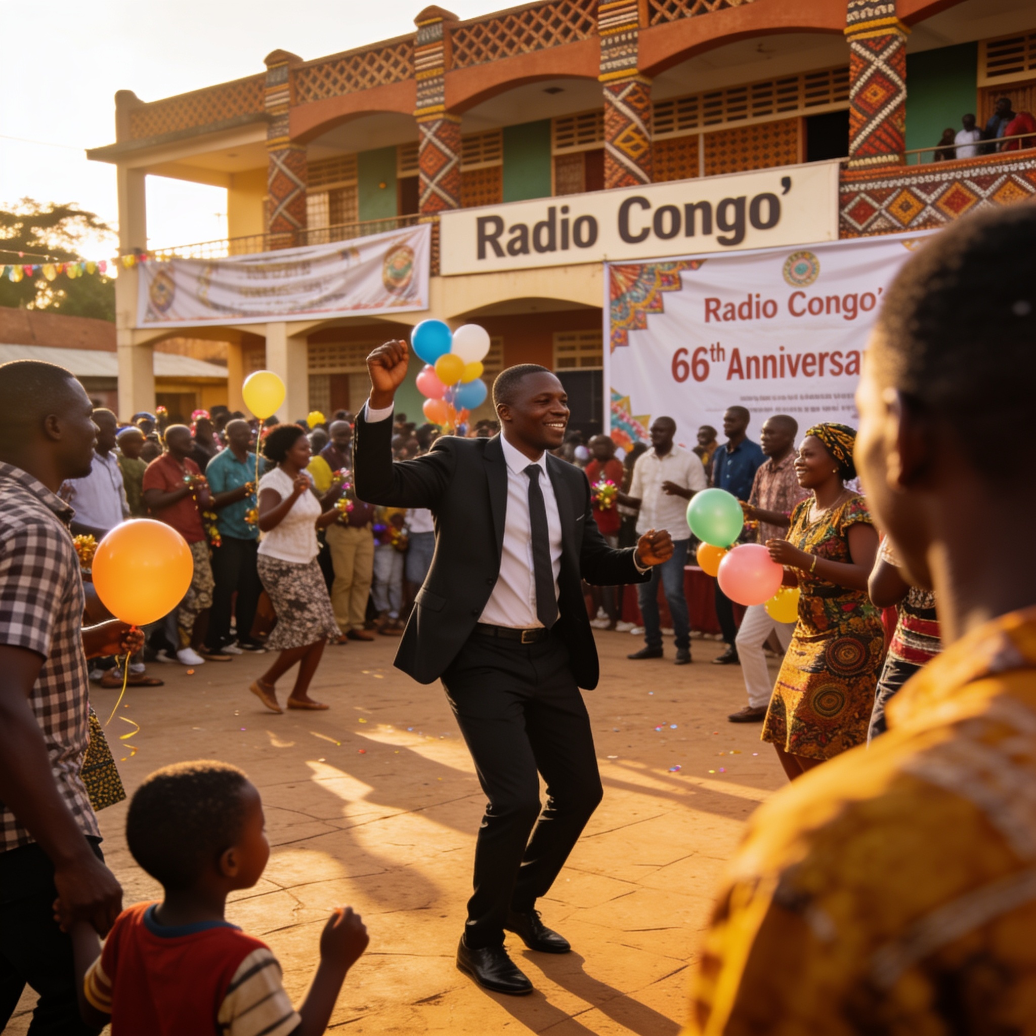 Create an editorial news illustration for an article about 'Radio Congo : 66 ans d’histoire célébrés en grande pompe à Owando'. The specific country is Republique du Congo (Brazzaville) (CG); make visual cues accurate to this exact country and avoid
