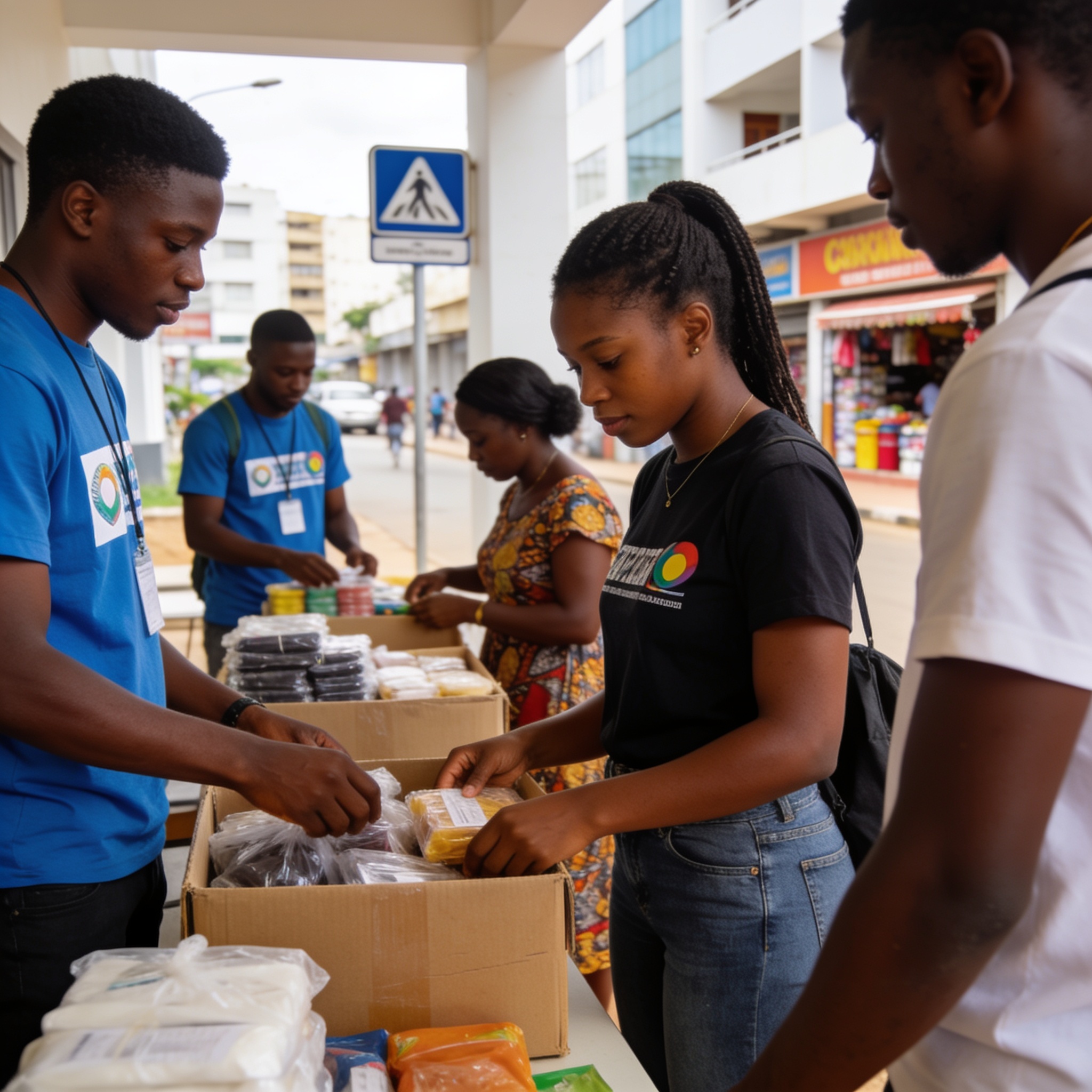 Create an editorial news illustration for an article about 'Sanavol 2026 : plus de 6 400 volontaires enregistrés, le Congo fait du volontariat un moteur d’emploi'. The specific country is Republique du Congo (Brazzaville) (CG); make visual cues accur