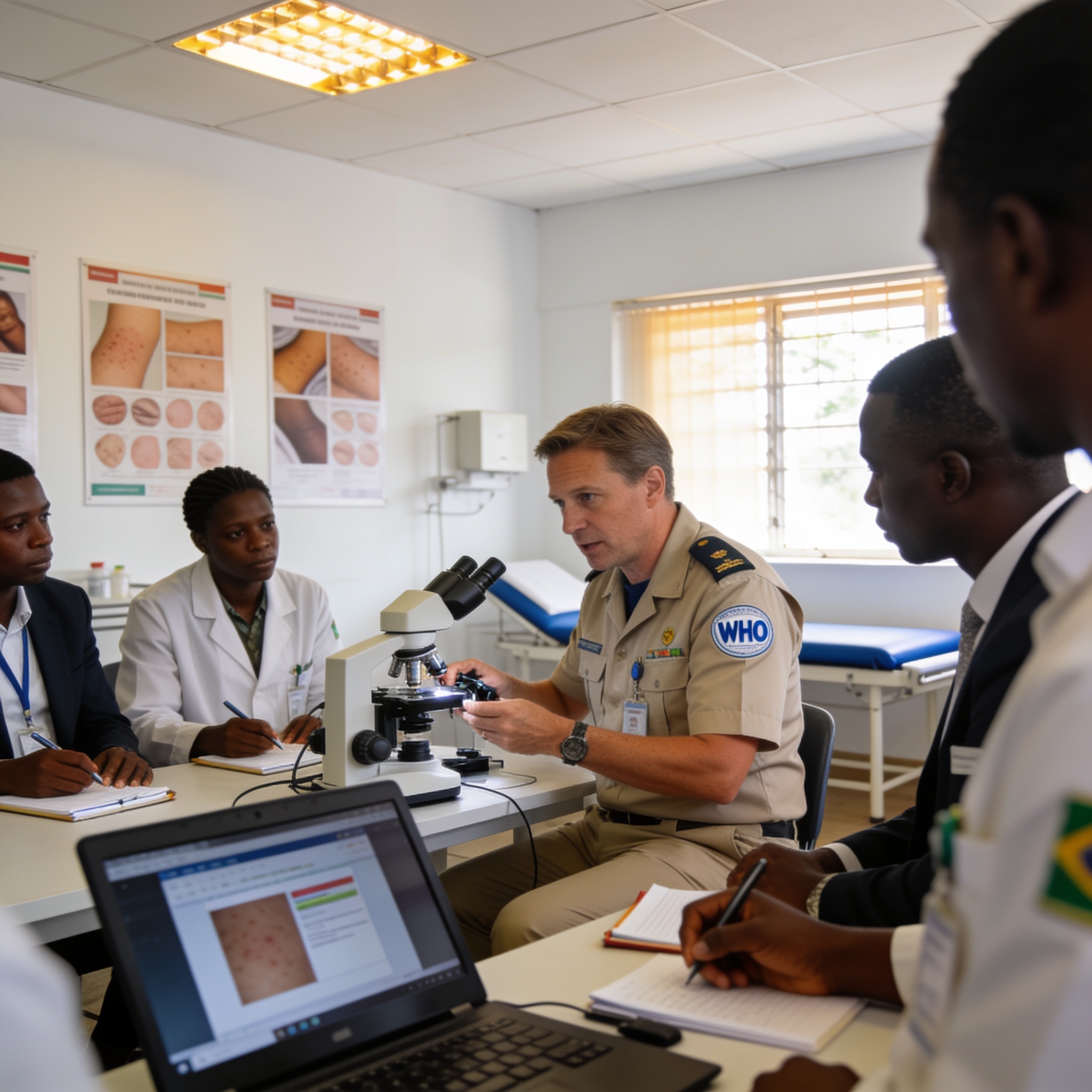 Create an editorial news illustration for an article about "Santé au Congo : l'OMS lance une formation inédite sur les maladies tropicales négligées cutanées". The specific country is Republique du Congo (Brazzaville) (CG); make visual cues accurate