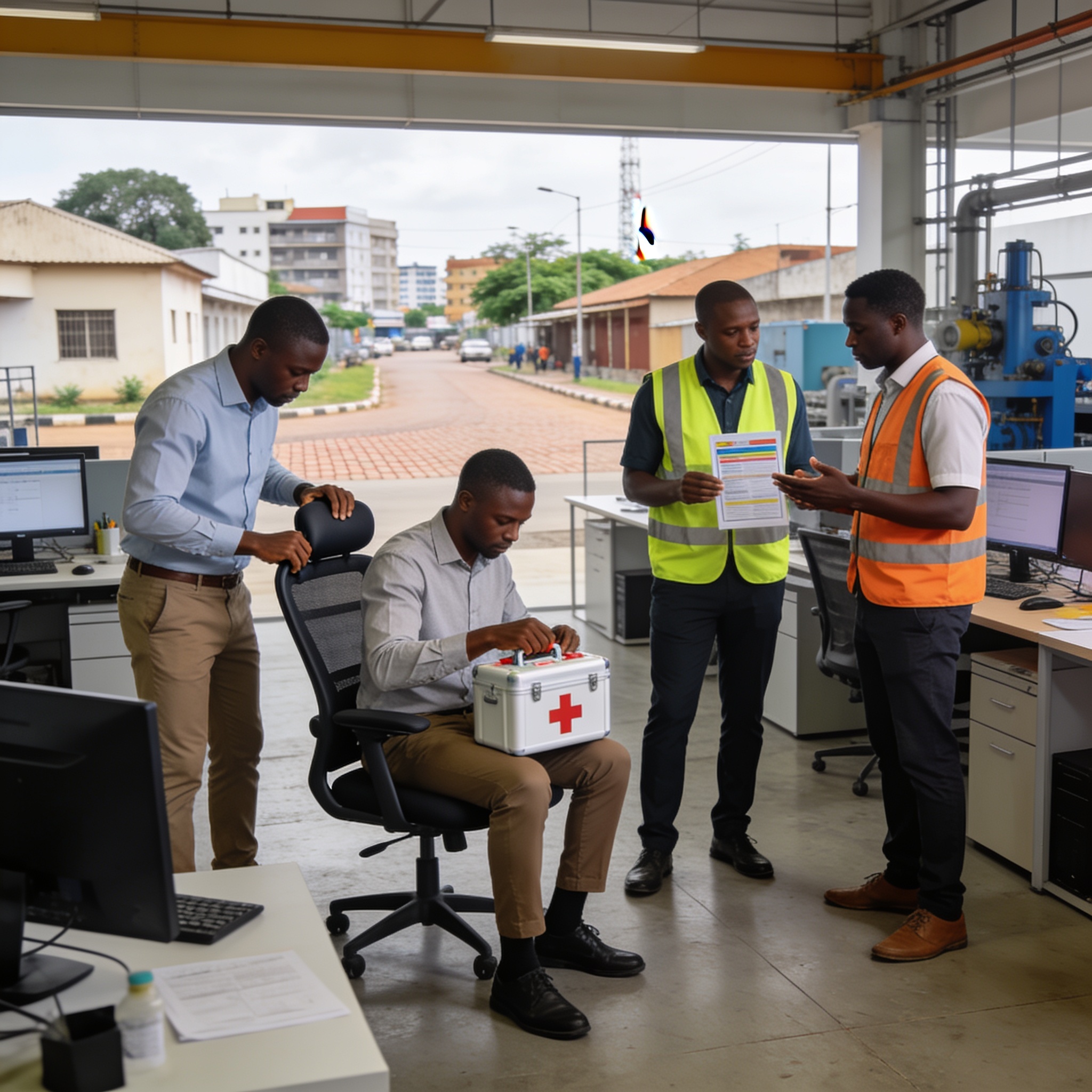 Create an editorial news illustration for an article about 'Santé au travail : la MTC appelle à renforcer la protection sociale des Congolais'. The specific country is Republique du Congo (Brazzaville) (CG); make visual cues accurate to this exact co