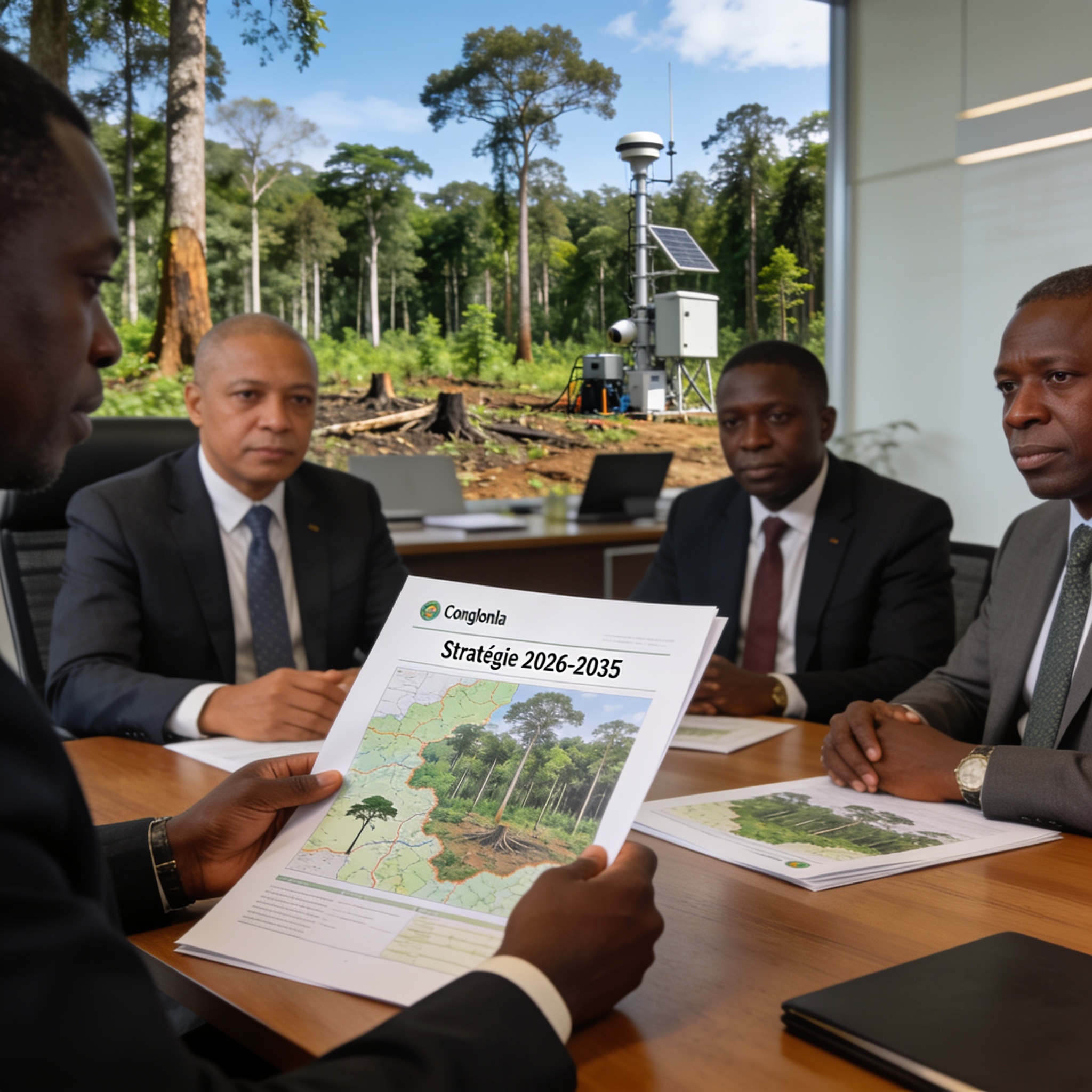 Create an editorial news illustration for an article about 'Stratégie 2026-2035 du partenariat Congo-CAFI : une feuille de route ambitieuse pour la forêt'. The specific country is Republique du Congo (Brazzaville) (CG); make visual cues accurate to t