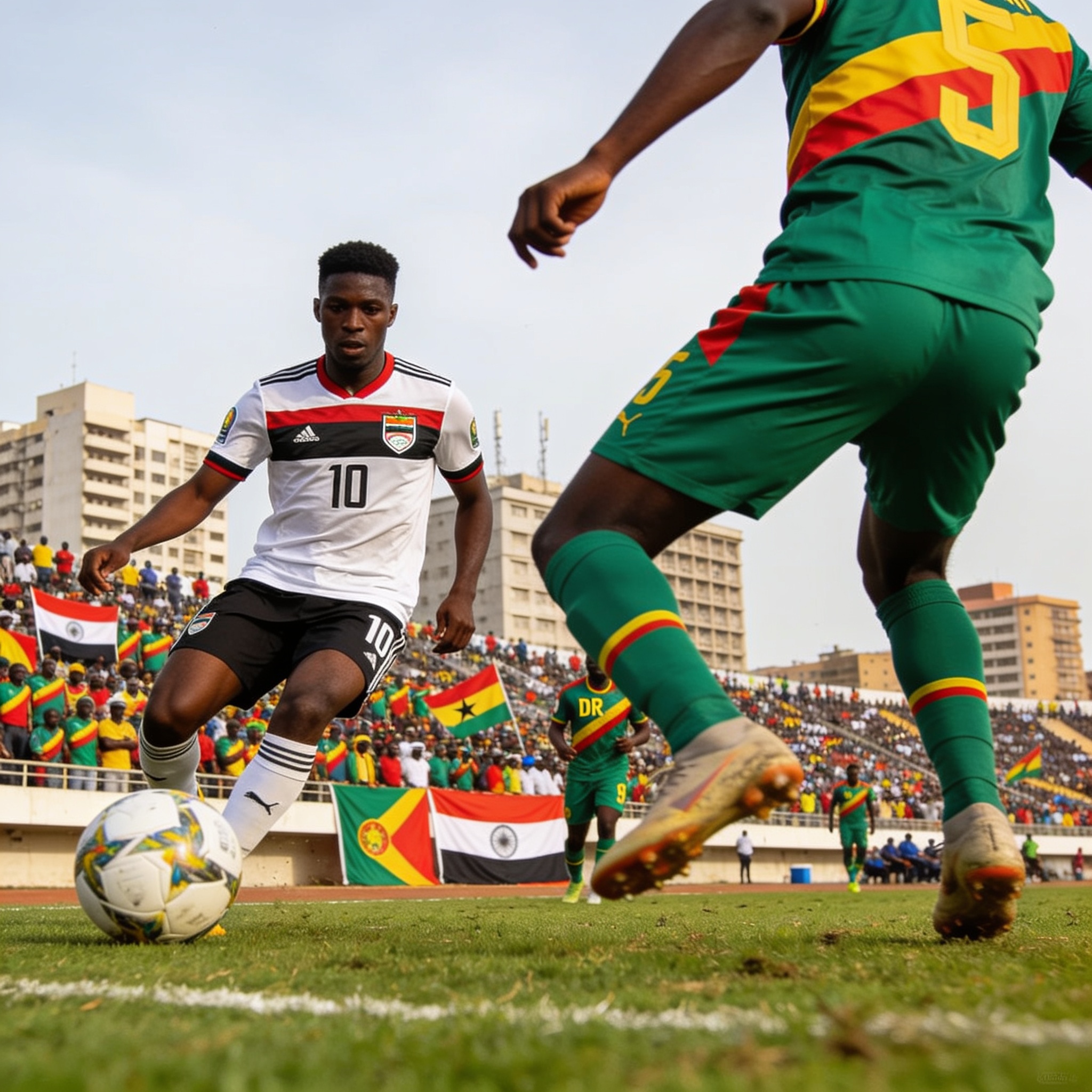 Create an editorial news illustration for an article about 'CAN 2025 : Égypte – RD Congo, un duel pour la survie ce dimanche'. The specific country is CG (CG); make visual cues accurate to this exact country and avoid flags or symbols of similar coun