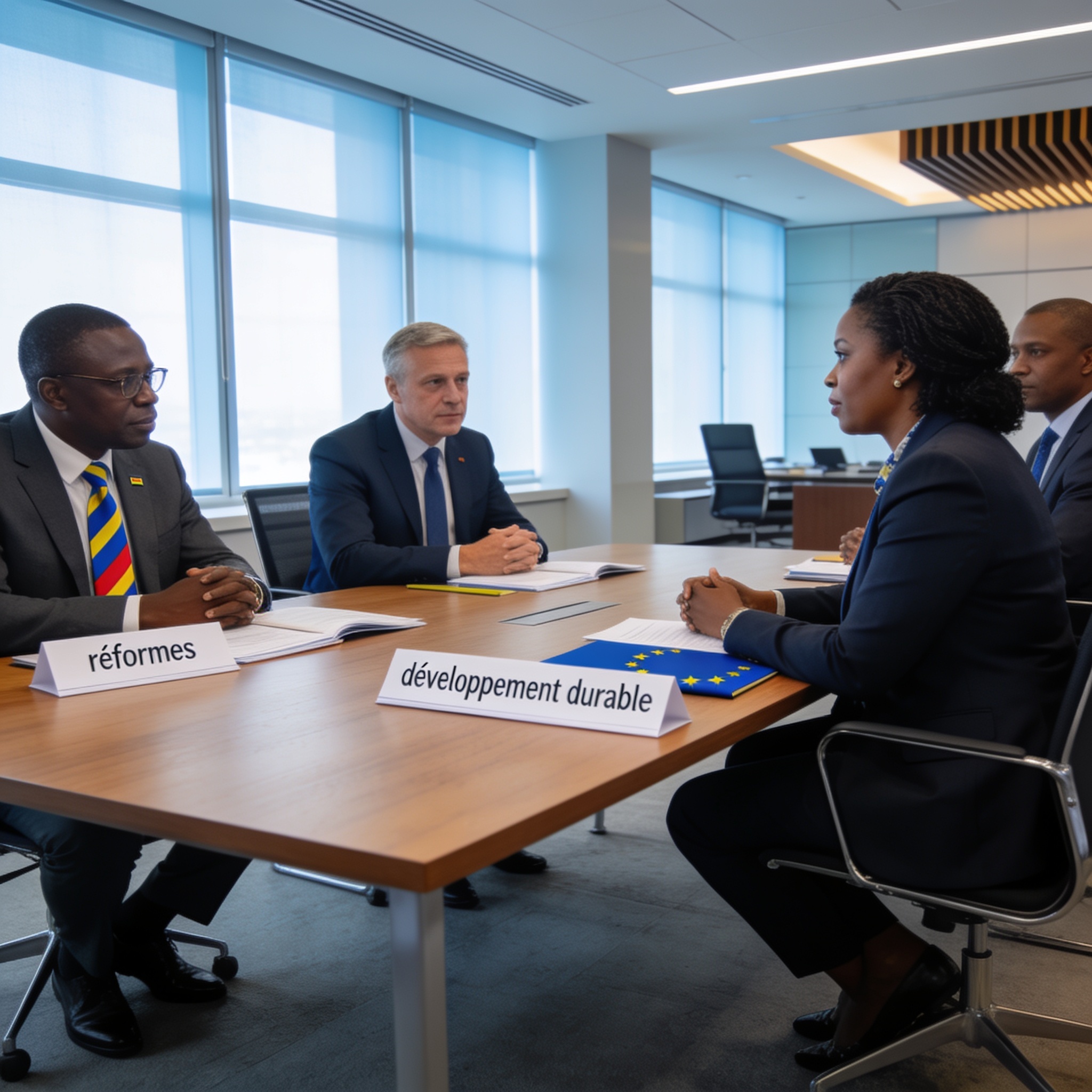Create an editorial news illustration for an article about 'Congo et Union européenne : un dialogue renforcé pour les réformes et le développement durable'. The specific country is CG (CG); make visual cues accurate to this exact country and avoid fl