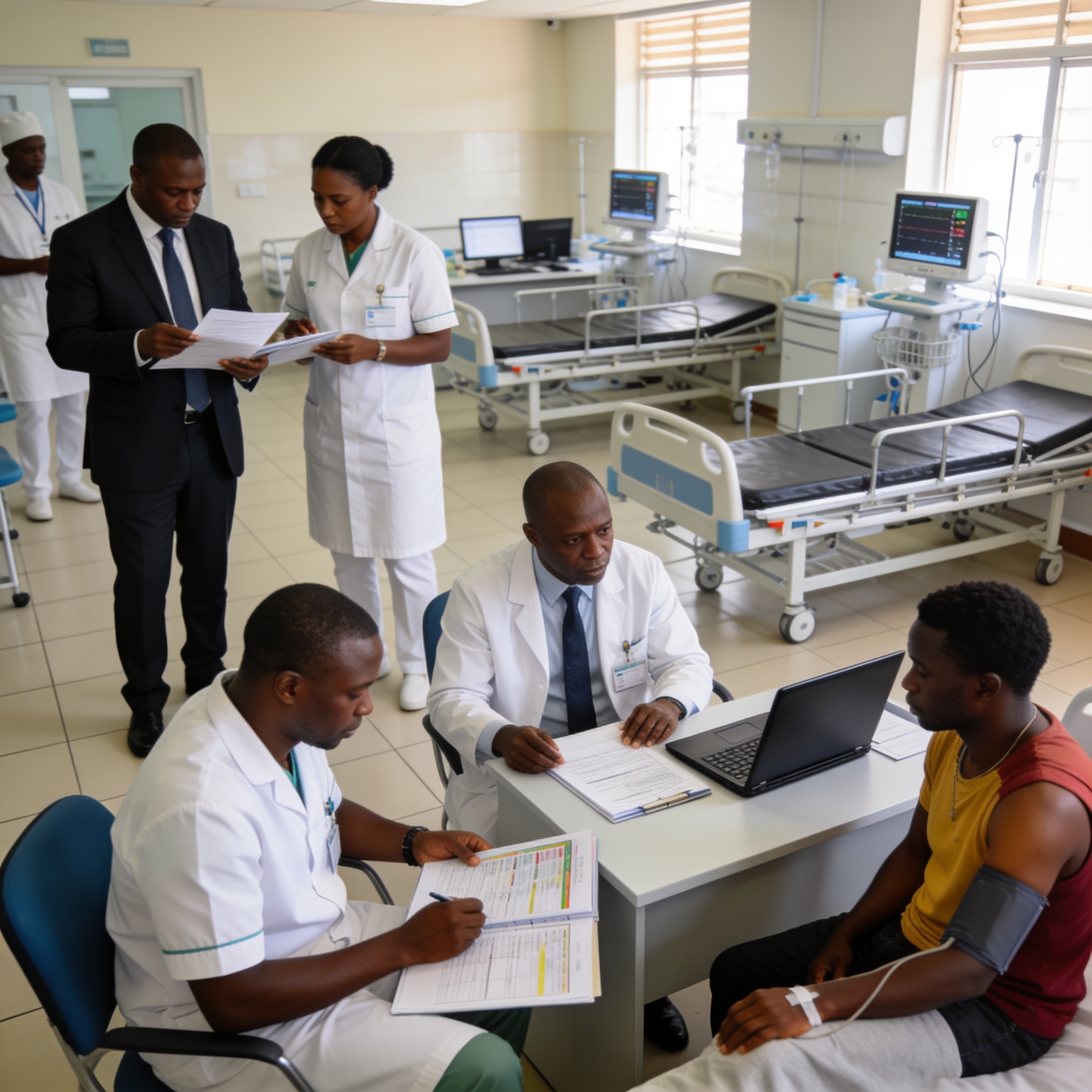 Create an editorial news illustration for an article about 'Congo – Santé : le gouvernement évalue les hôpitaux à mi-parcours à Brazzaville'. The specific country is CG (CG); make visual cues accurate to this exact country and avoid flags or symbols