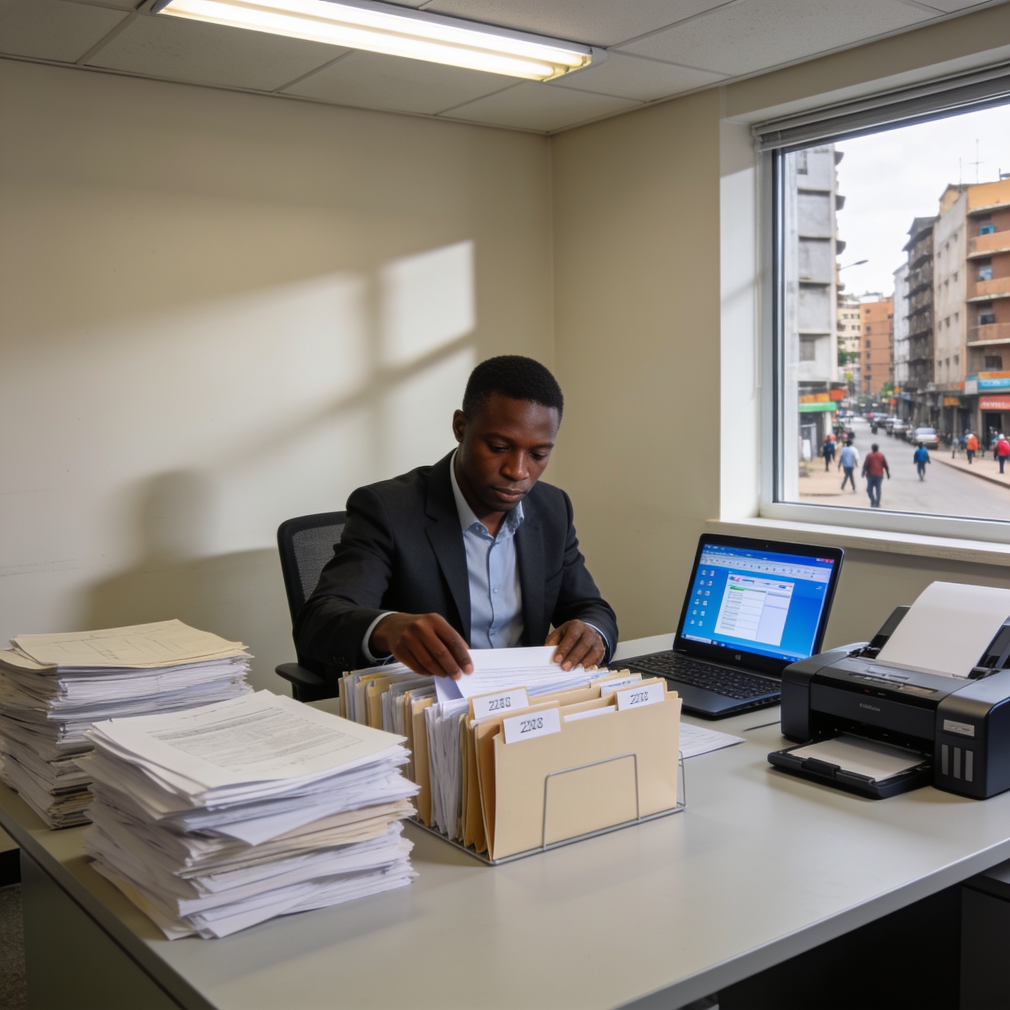 Create an editorial news illustration for an article about 'Congo : Une formation met en lumière l’importance du métier d’archiviste dans la gouvernance documentaire'. The specific country is CG (CG); make visual cues accurate to this exact country a