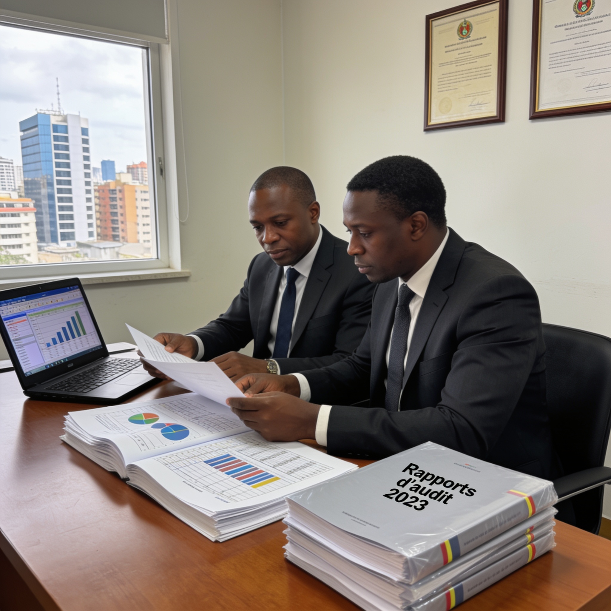 Create an editorial news illustration for an article about 'Gestion des finances publiques : le Congo face aux audits oubliés et aux rumeurs de remaniement'. The specific country is CG (CG); make visual cues accurate to this exact country and avoid f
