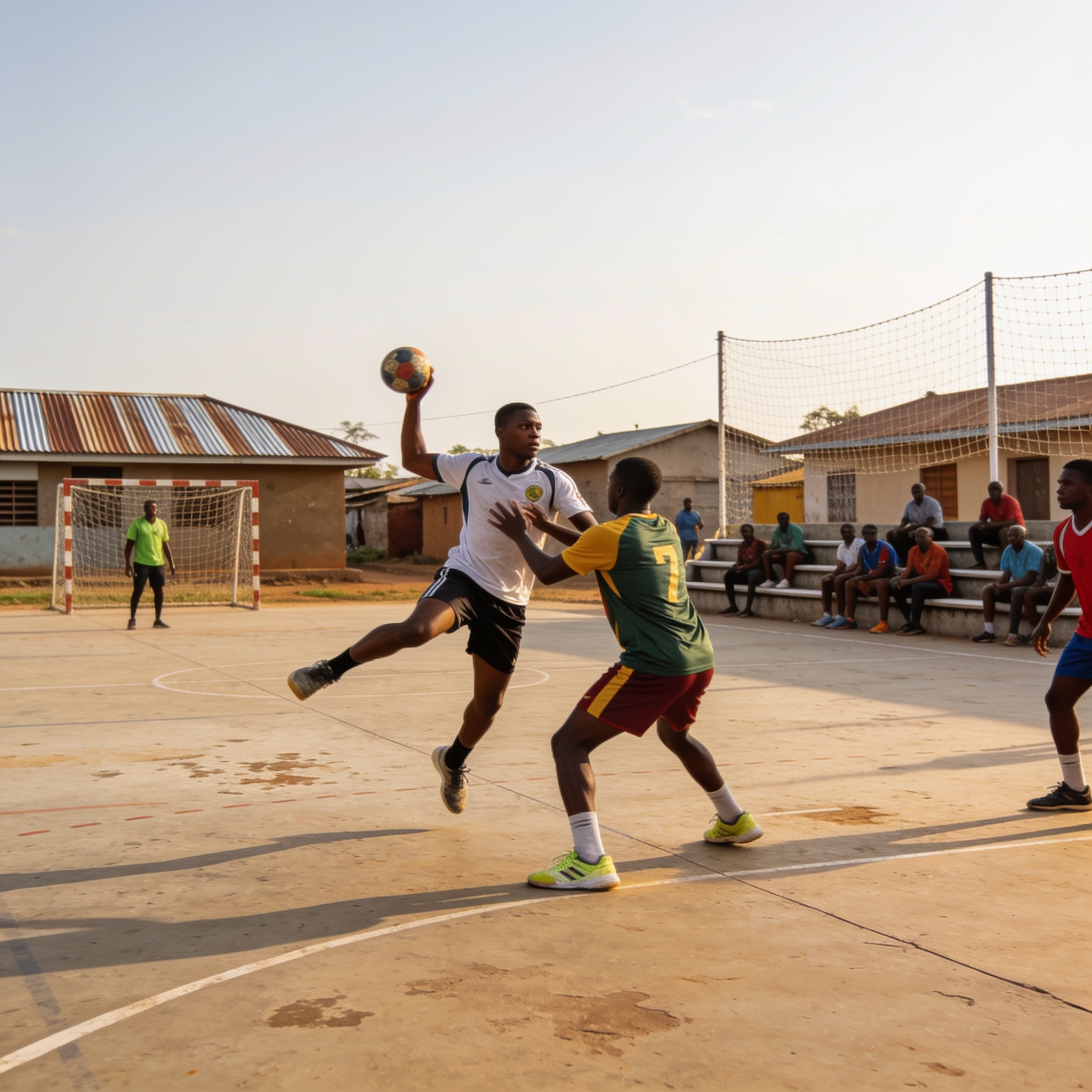 Create an editorial news illustration for an article about 'Handball à Owando : le tournoi de gala relance la discipline dans la Cuvette'. The specific country is CG (CG); make visual cues accurate to this exact country and avoid flags or symbols of