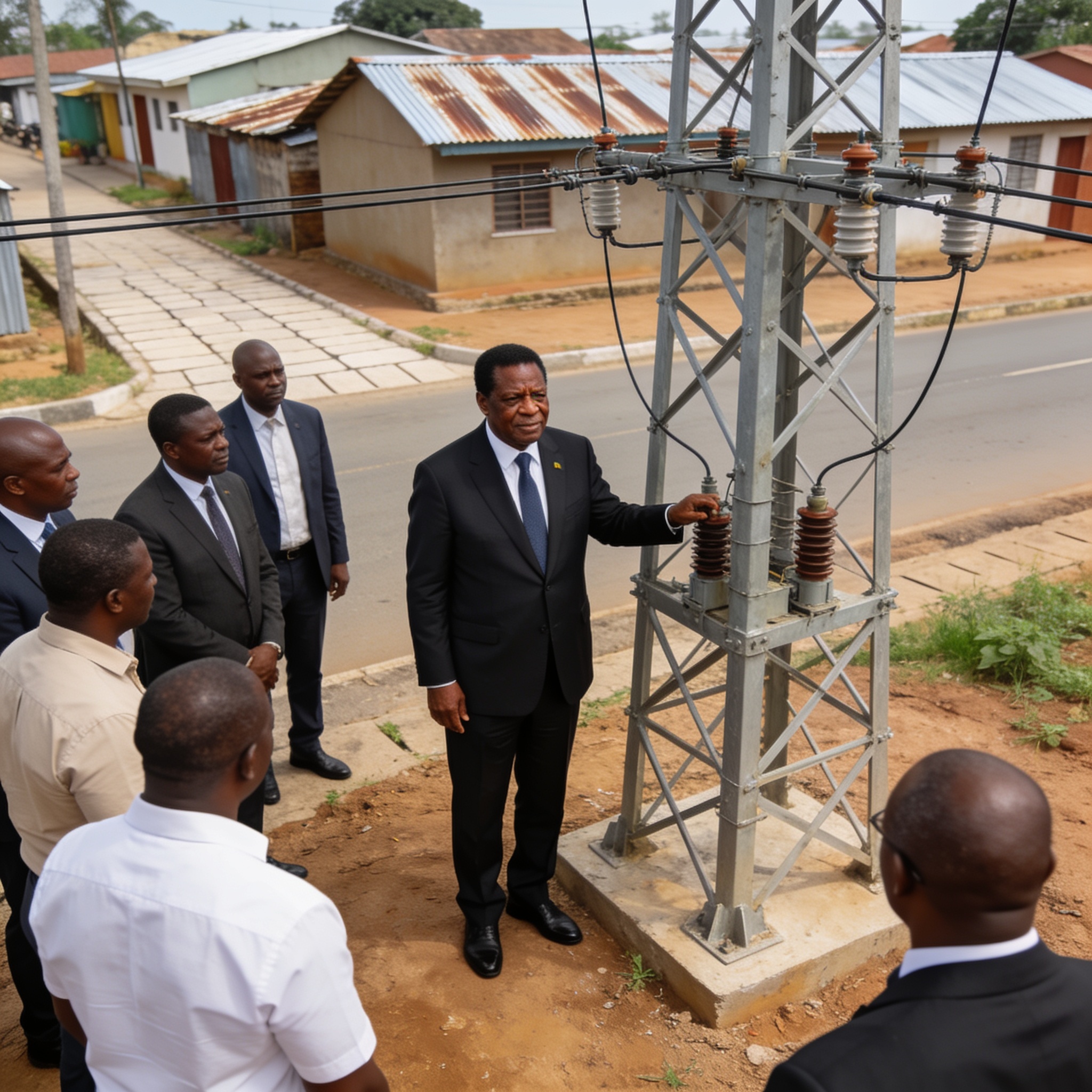 Create an editorial news illustration for an article about 'Mossaka électrifiée : Denis Sassou-Nguesso inaugure la ligne électrique de 110 kV'. The specific country is CG (CG); make visual cues accurate to this exact country and avoid flags or symbol