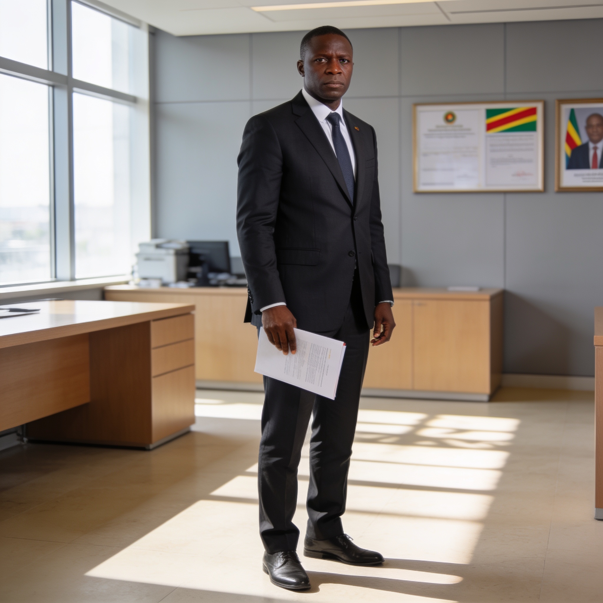 Create an editorial news illustration for an article about 'RDC : Bienvenu Matumo (LUCHA) exhorte le gouvernement à privilégier les projets vitaux au détriment des sponsors sportifs'. The specific country is CG (CG); make visual cues accurate to this