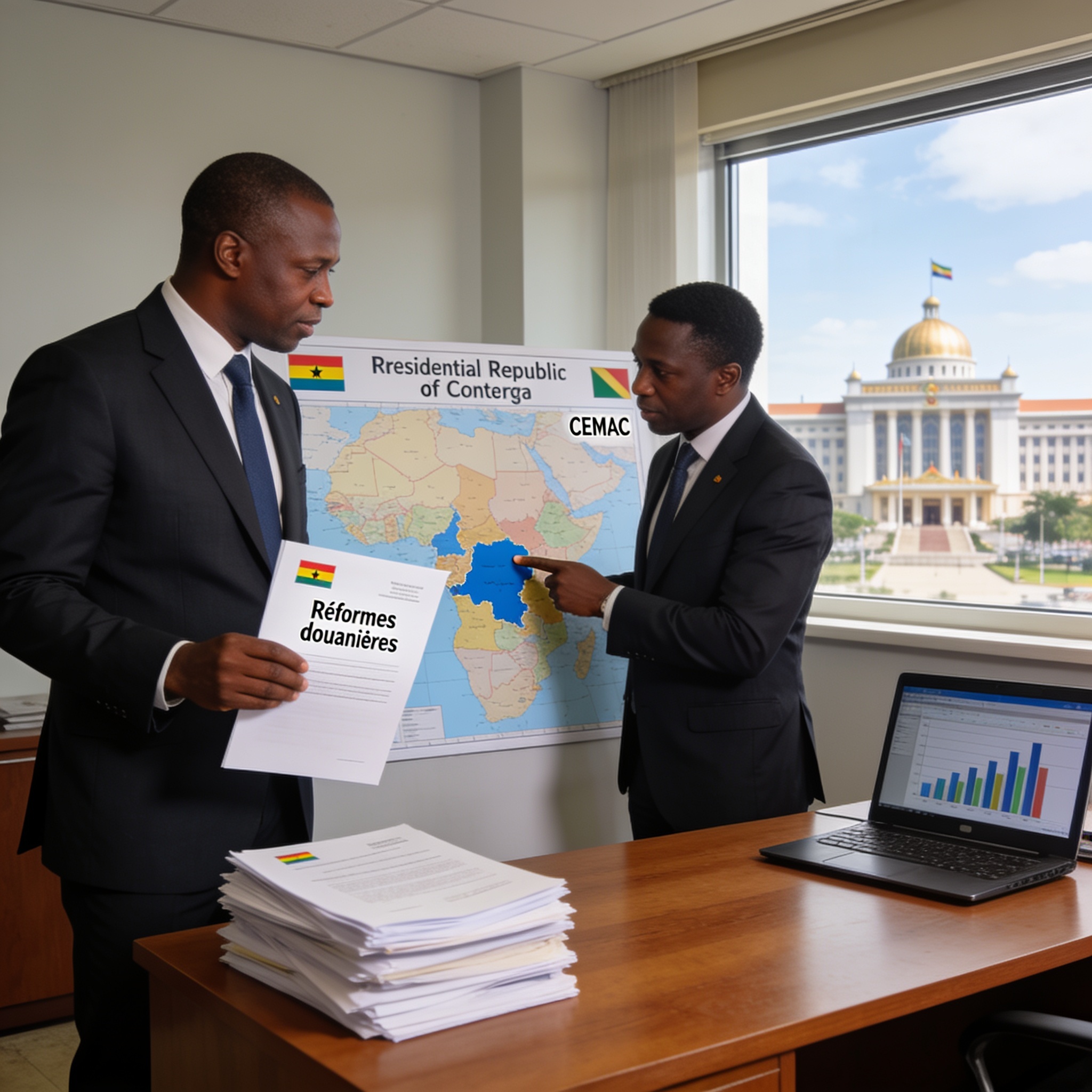 Create an editorial news illustration for an article about 'Réformes fiscales et douanières en zone Cémac : Brazzaville à la manœuvre pour l’import-substitution'. The specific country is Republiqe du Congo (CG); make visual cues accurate to this exac