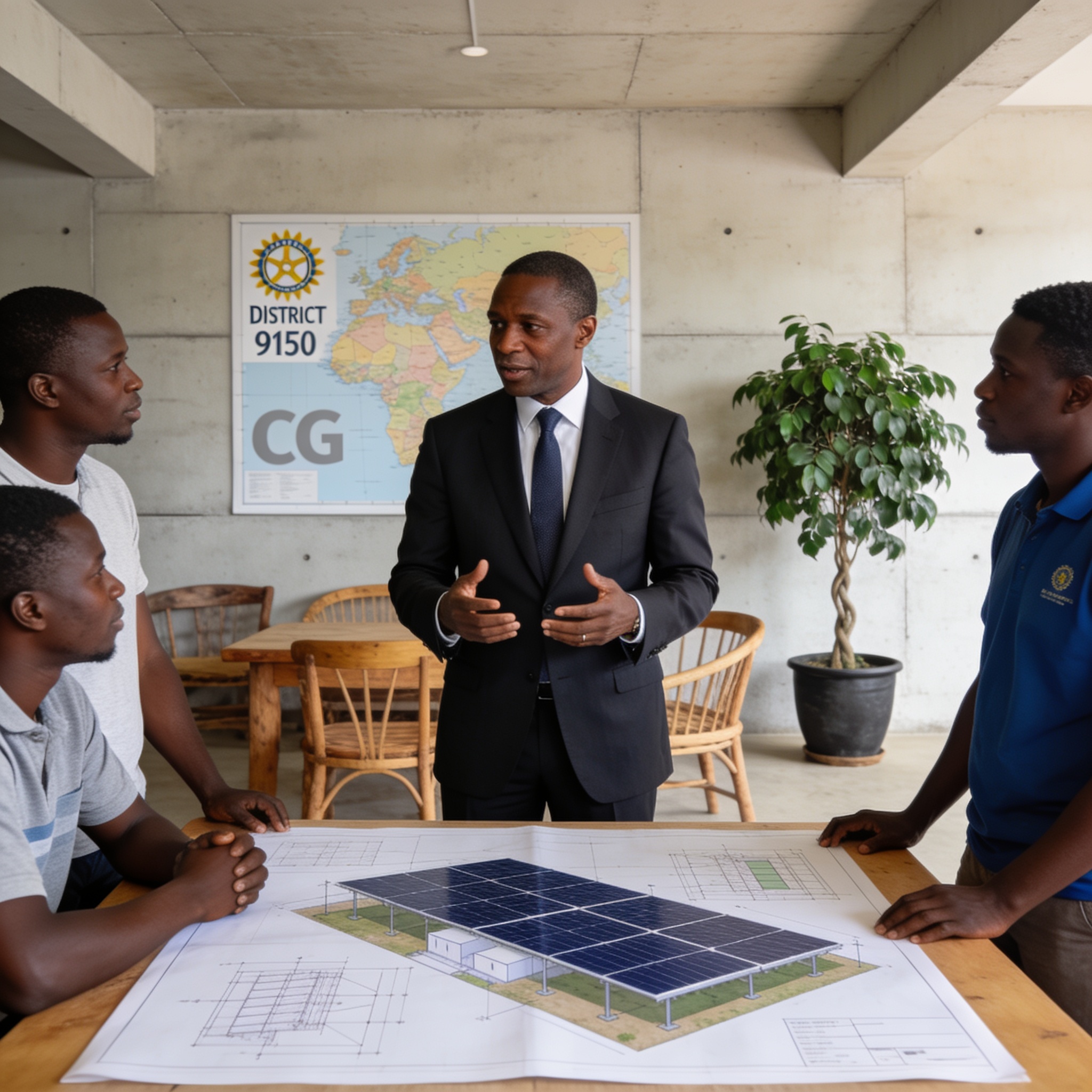 Create an editorial news illustration for an article about 'Rotary District 9150 : Hyacinthe Defoundoux lance son mandat sous le signe de la durabilité'. The specific country is CG (CG); make visual cues accurate to this exact country and avoid flags